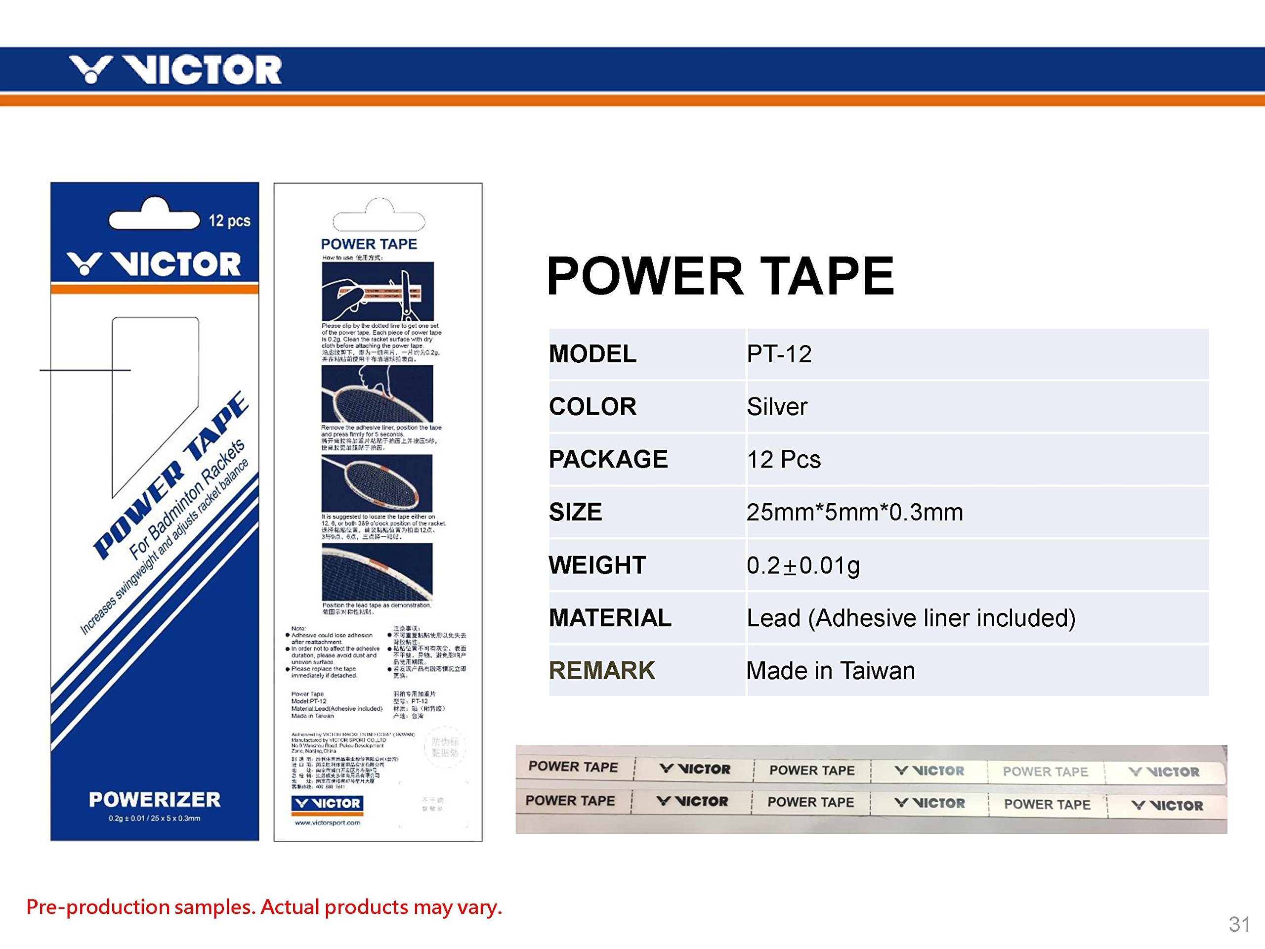 VICTOR Power Tape Powerizer PT-12 for Badminton Rackets | Increase Swing Weight & Adjust Balance | Lightweight 0.2g Lead Alternative Tape | 25×5×0.3mm (12 pcs Pack) 2