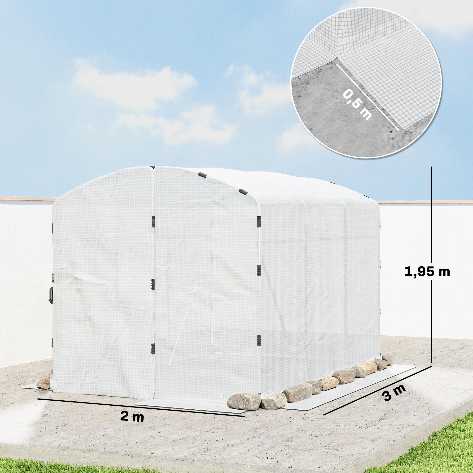 Outsunny Serre Tunnel de Jardin 6m² Serre de Jardin Tunnel bâche PE 220g/m² avec Porte Bords prolongés de 50 cm pour extérieur Toutes Saisons légumes Fruits Fleurs 300x200x195cm Blanc
