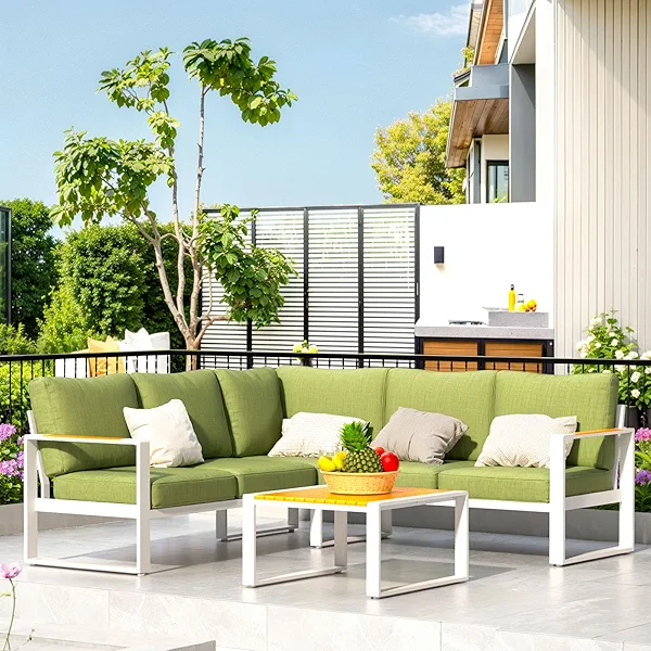 YOEEMZ Aluminum Patio Furniture Set, All-Weather Outdoor Couch Sectional, L Shaped Patio Conversation Sets, Metal Corner Sofa with Teak Coffee Table, Green