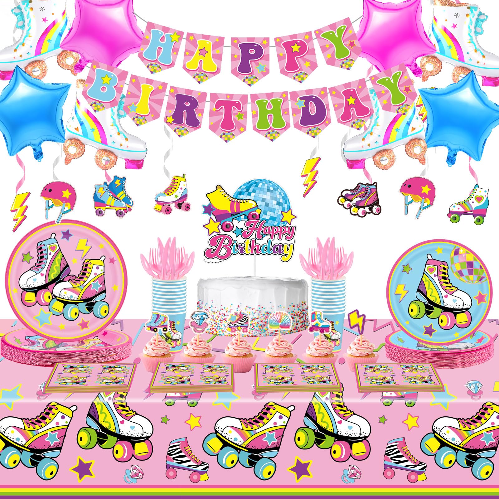 212 Pcs Roller Skate Birthday Party Supplies Decorations for Girls Boys