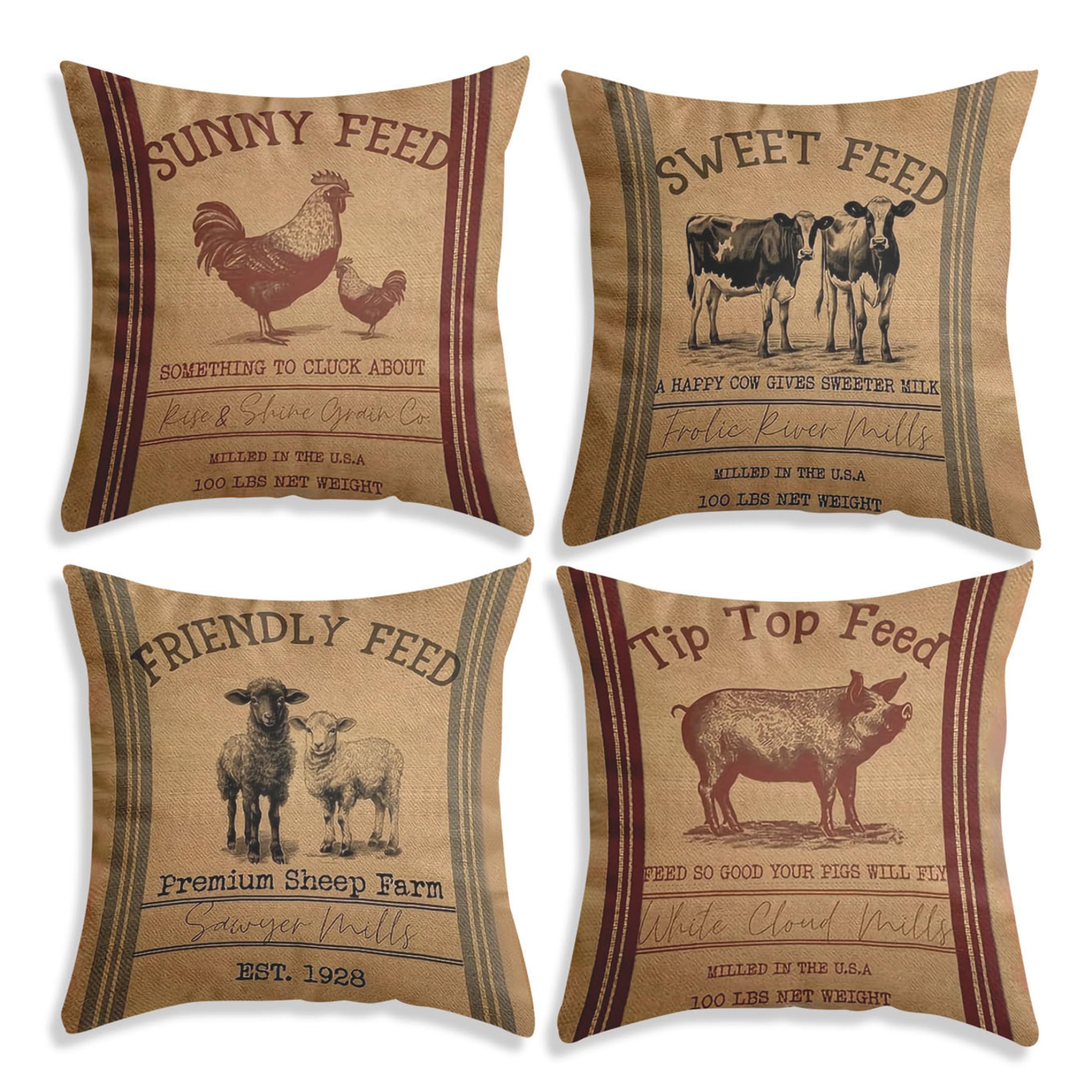 Vervevum 4pcs Farmhouse Pillow Covers, Breathable Linen Vintage Pillow Covers With Retro Farm Animal Prints, Brown, 18x18 Inch, Porch
