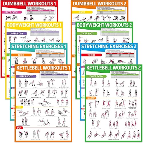 gisgfim 8 pósteres de entrenamiento para mancuernas de gimnasio en casa, peso corporal, estiramiento, tabla de ejercicios de pesas rusas de cuerpo