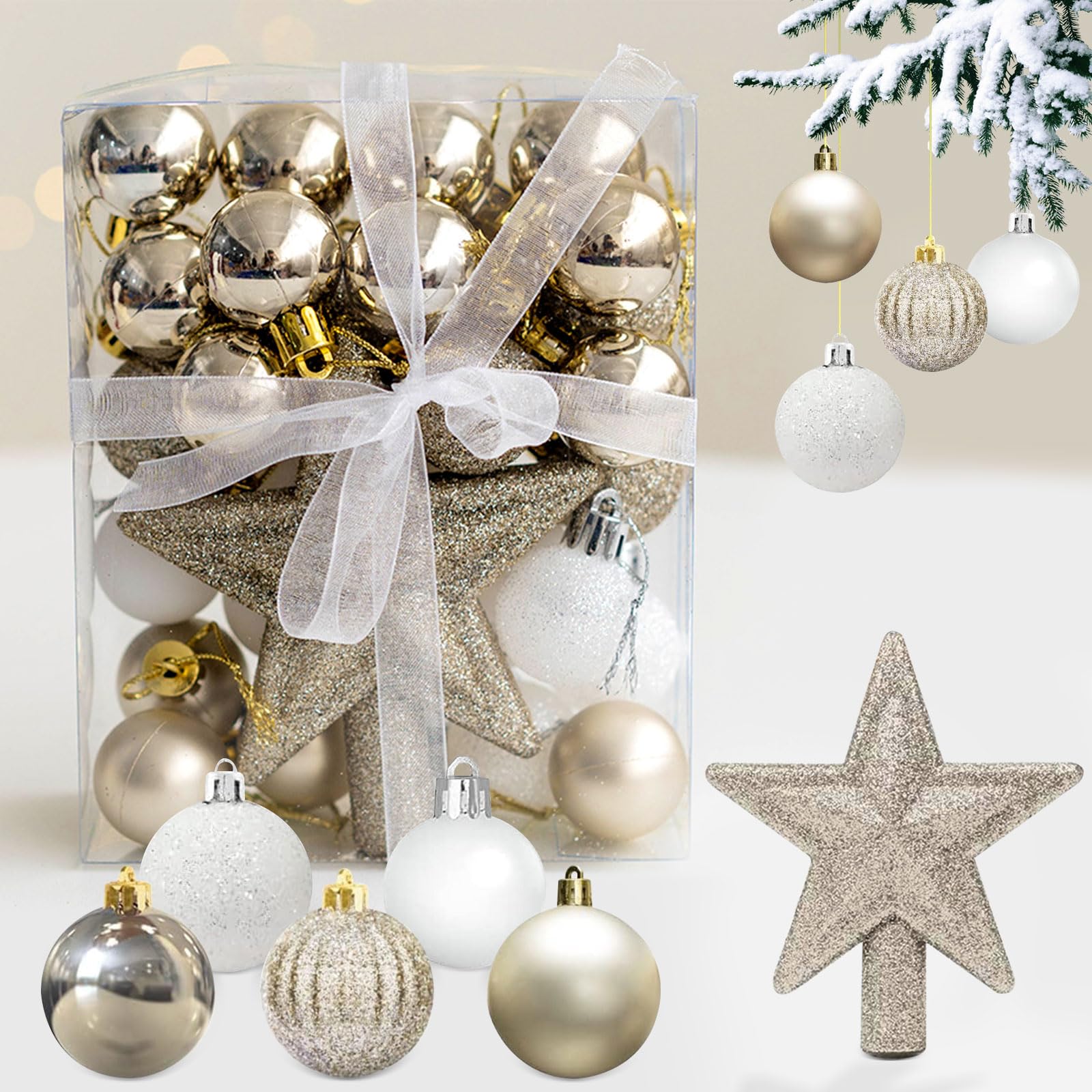 Bolas Arbol de Navidad, Juego de 30 Adornos Arbol Navidad Bolas de Navidad, Arbol Navidad Adornos de Plástico, para Navidad y Festivales en el Hogar, Blanco y Dorado