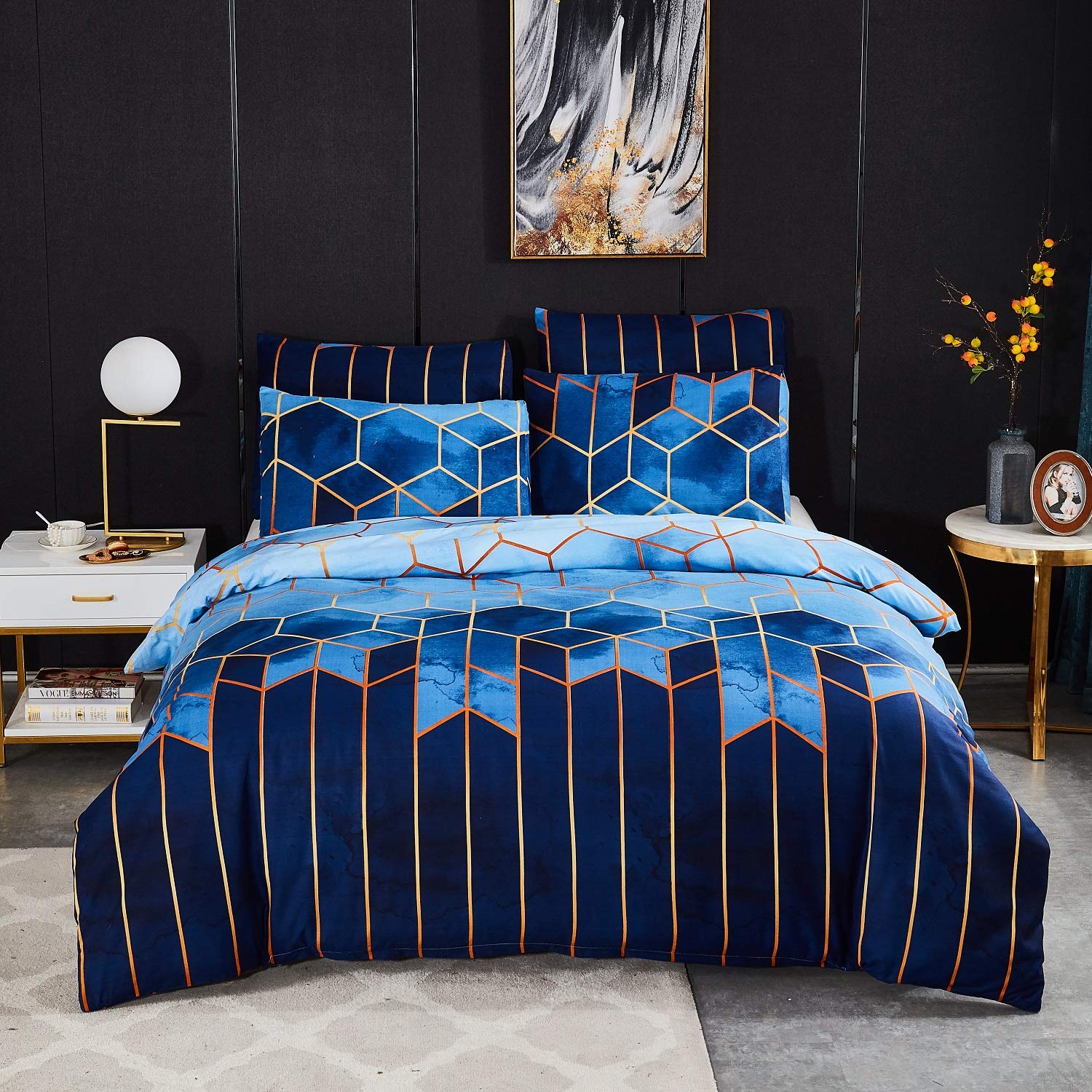 Parure de lit 240x260 Bleu Adulte 2 Personnes Sets de Housse de Couette Réversible Microfibre Ensemble Literie Modern 3D Géométrique Linge de Lit avec Fermeture éclair et 2x 65x65cm Taies d'oreiller