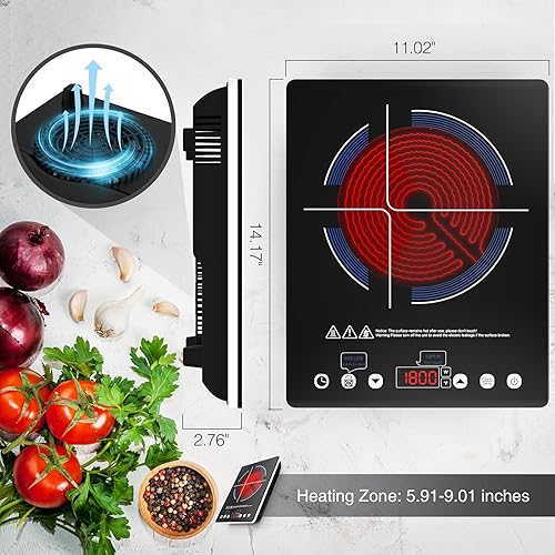 Miniatura 6 de Estufa eléctrica de un solo quemador, estufa eléctrica de 1800 W con control táctil, 9 niveles de potencia, bloqueo de seguridad para niños y