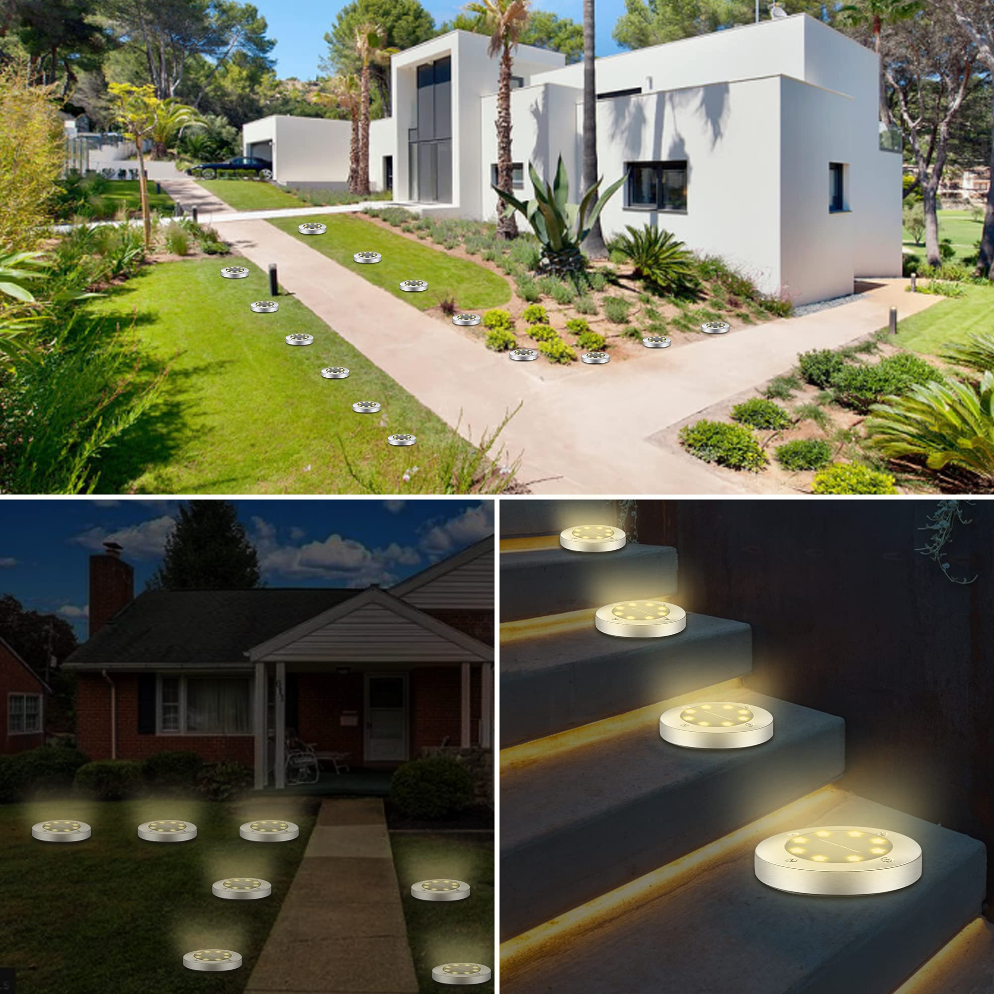 Placa Solar Flexible LYHOPE - Luces Solares De Tierra Para Exteriores, Paquete De 16 Unidades De 8 Luces LED De Disco Luces LED Solares Exterior