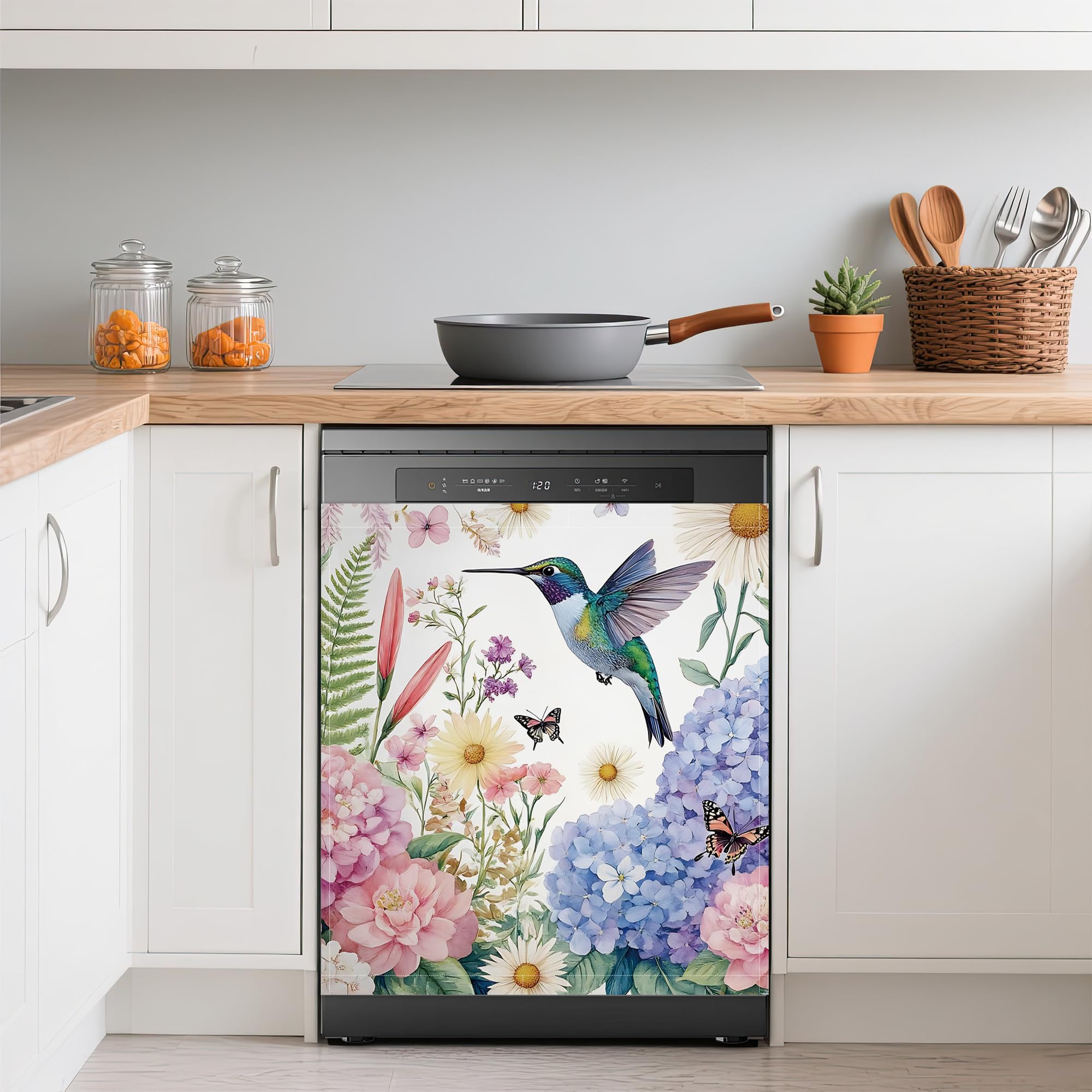 Dishwasher Cover,Hummingbird Reusable Dishwasher Magnet Cover,Decorative Spring Hydrangea Wildflowers Magnetic Refrigerator Cover Front Panel Cover for Kitchen Decor 23x26 Inch