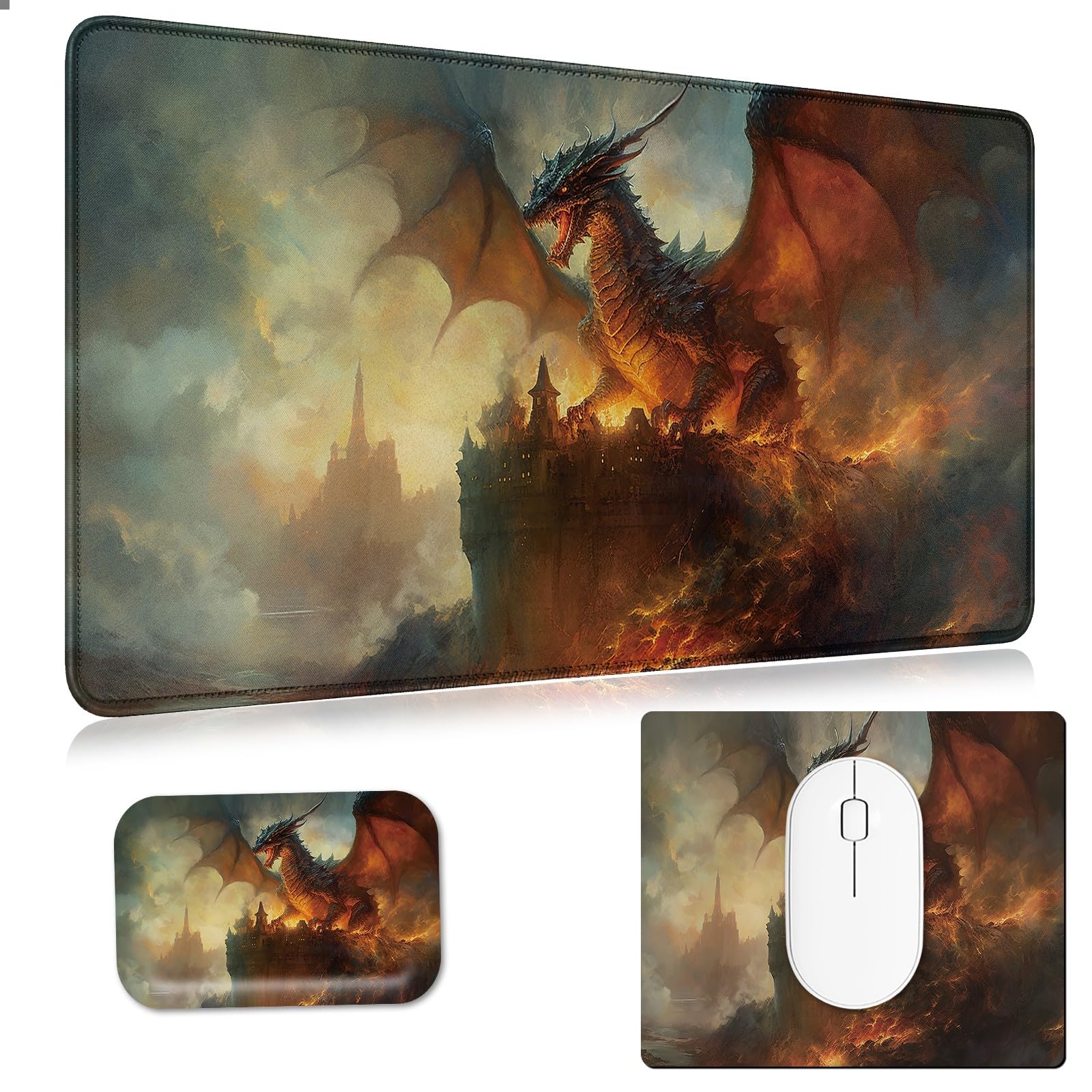 Desk Mat + Mouse Pad + Mouse Wrist Rest,3 PCS Set Ergonomic Memory Foam Mouse Wrist Rest with Durable Anti-Slip Rubber Base for Office,Home & Easy Typing Pain Relief,Firedragon