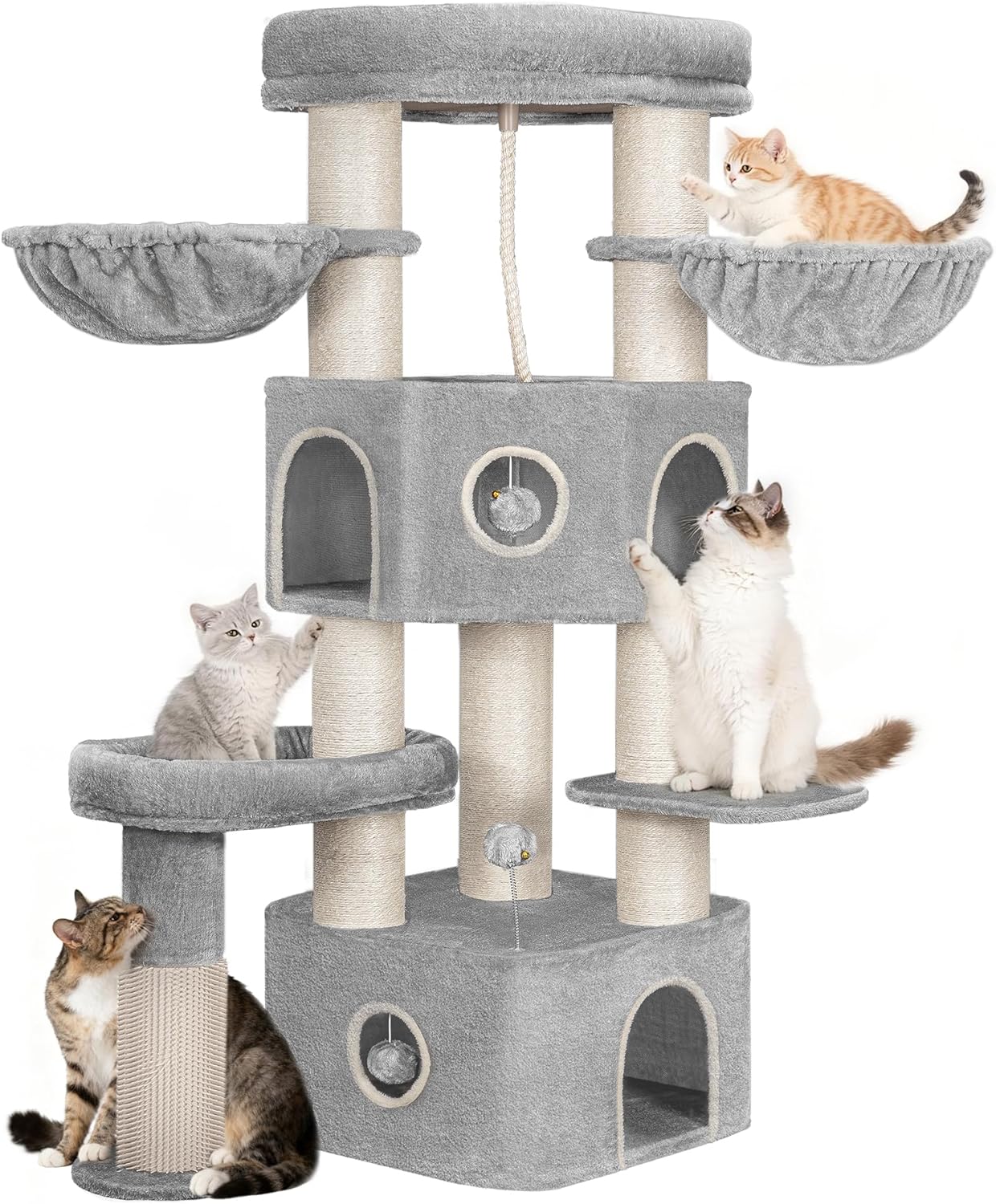 Hzuaneri Katzenkratzbaum, 163 cm Kratzbaum, 11 cm D dicke Sisalstämme, für große Katzen, 2 Höhlen, geräumige Plattform, Plüschball, Katzenbürste, mehrstöckiger Katzenkratzbaum, Hellgrau Beige MS16318LG Hzuaneri Katzenkratzbaum, 163 cm Kratzbaum, 11 cm D dicke Sisalstämme, für große Katzen, 2 Höhlen, geräumige Plattform, Plüschball, Katzenbürste, mehrstöckiger Katzenkratzbaum, Hellgrau Beige MS16318LG