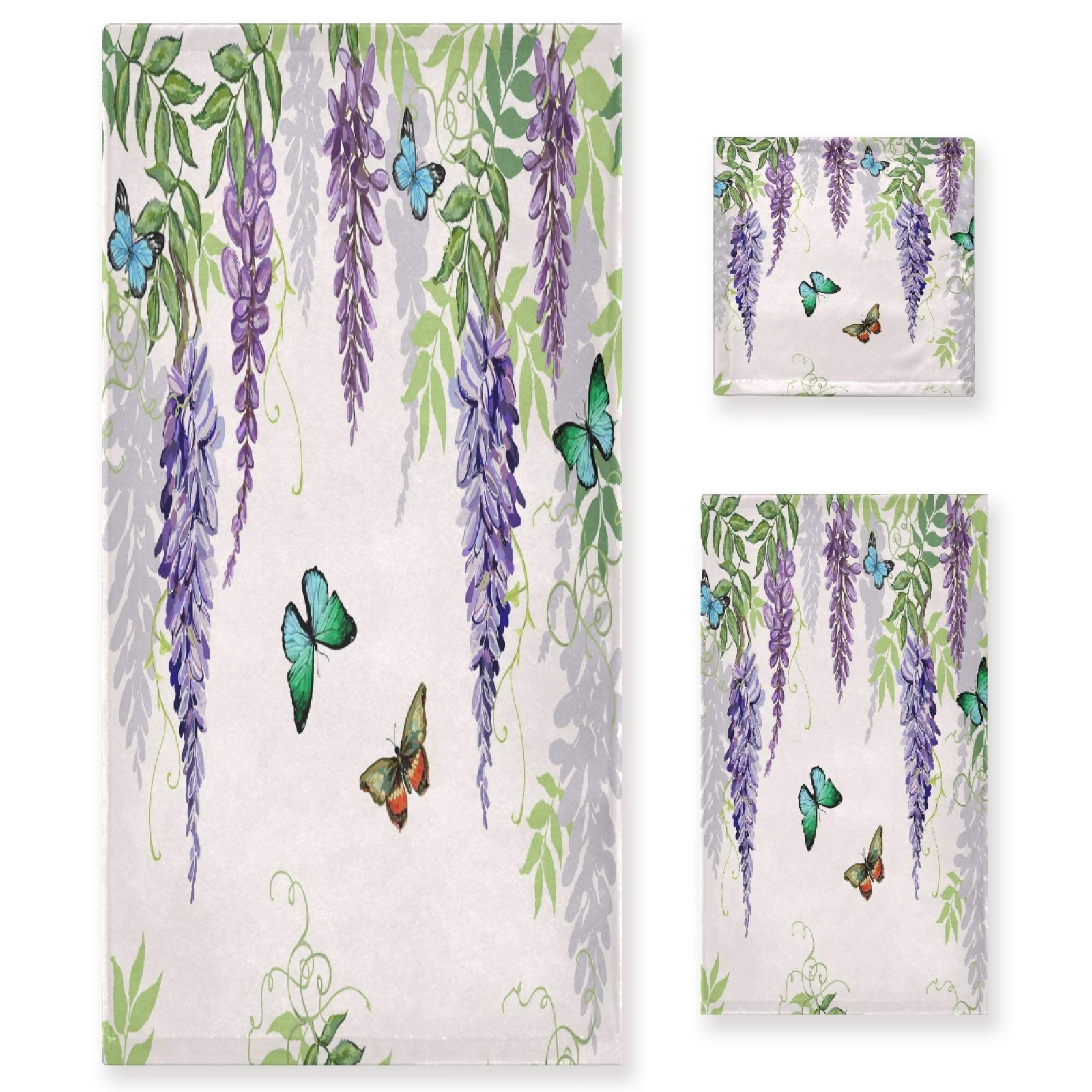 ALAZA Nature Tropical Japanese Flowers Butterflies Wisteria Bath Towel Set Luxury Decorative Set of 3, 1 Bath Towel 1 Hand Towel 1 Washcloth Soft
