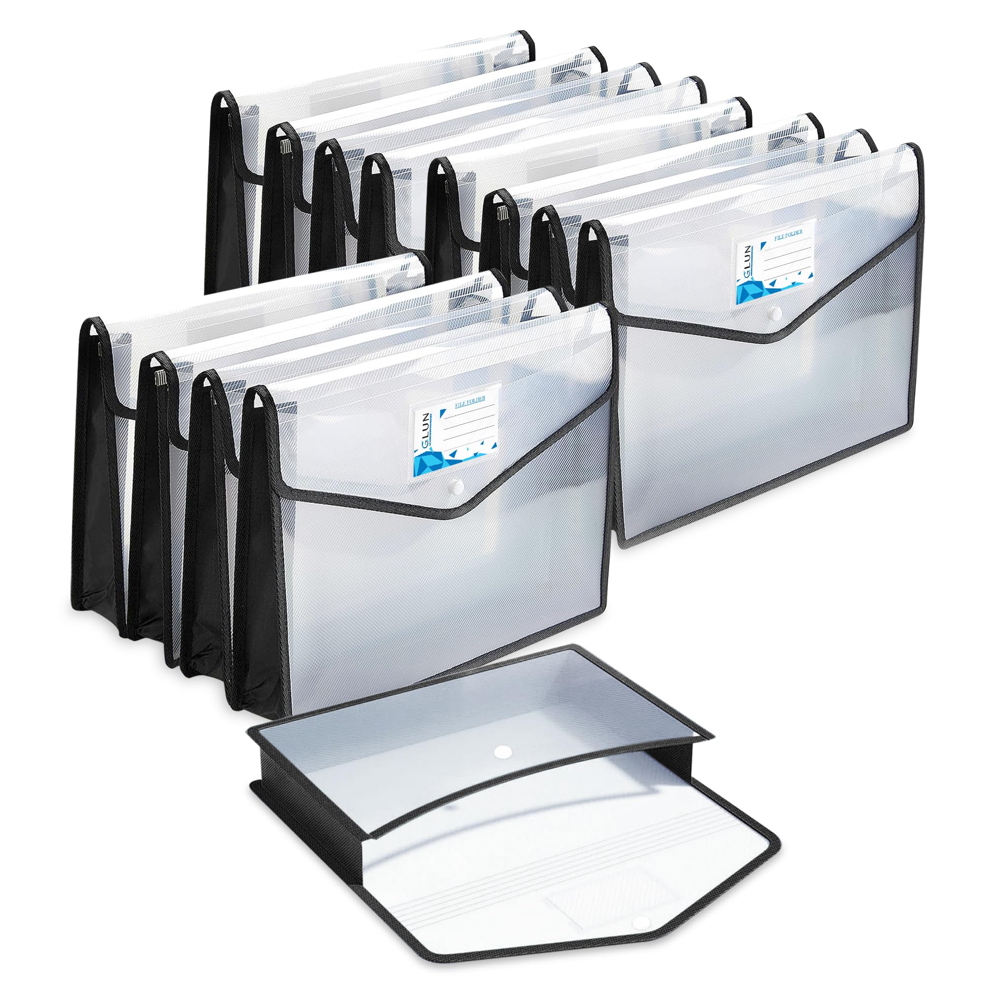 GLUN® Pack of 15 Translucent File Folder A4 Carry Bag with Strong Stitch, Black Strong Borders with Poly Cloth, Documents File Storage Bag with Snap Button