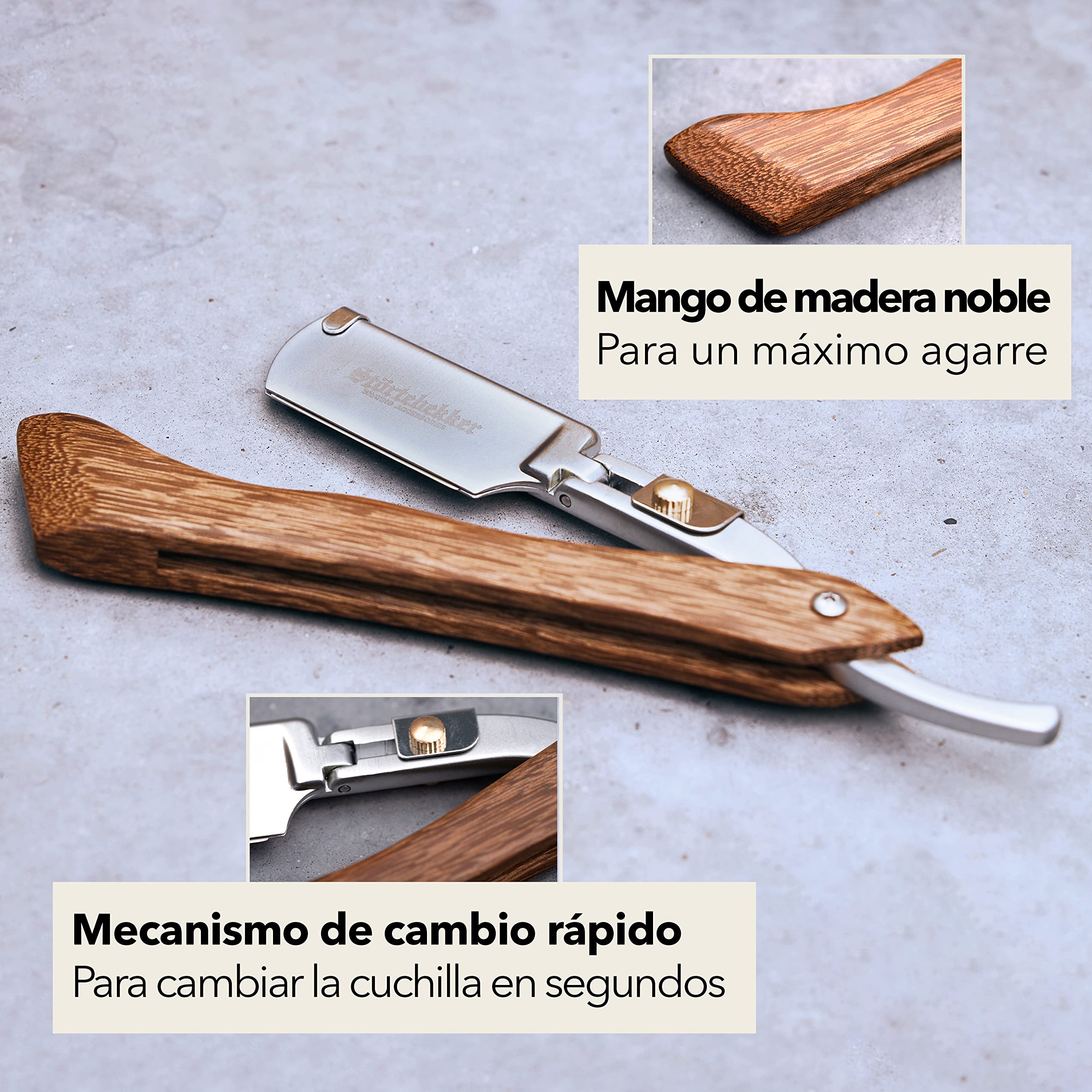 Störtebekker® Navaja de afeitar con mango de madera en estuche de cuero - incluido lápiz de alumbre y 10 cuchillas Störtebekker - Set de navaja de afeitar (Madera - Café)