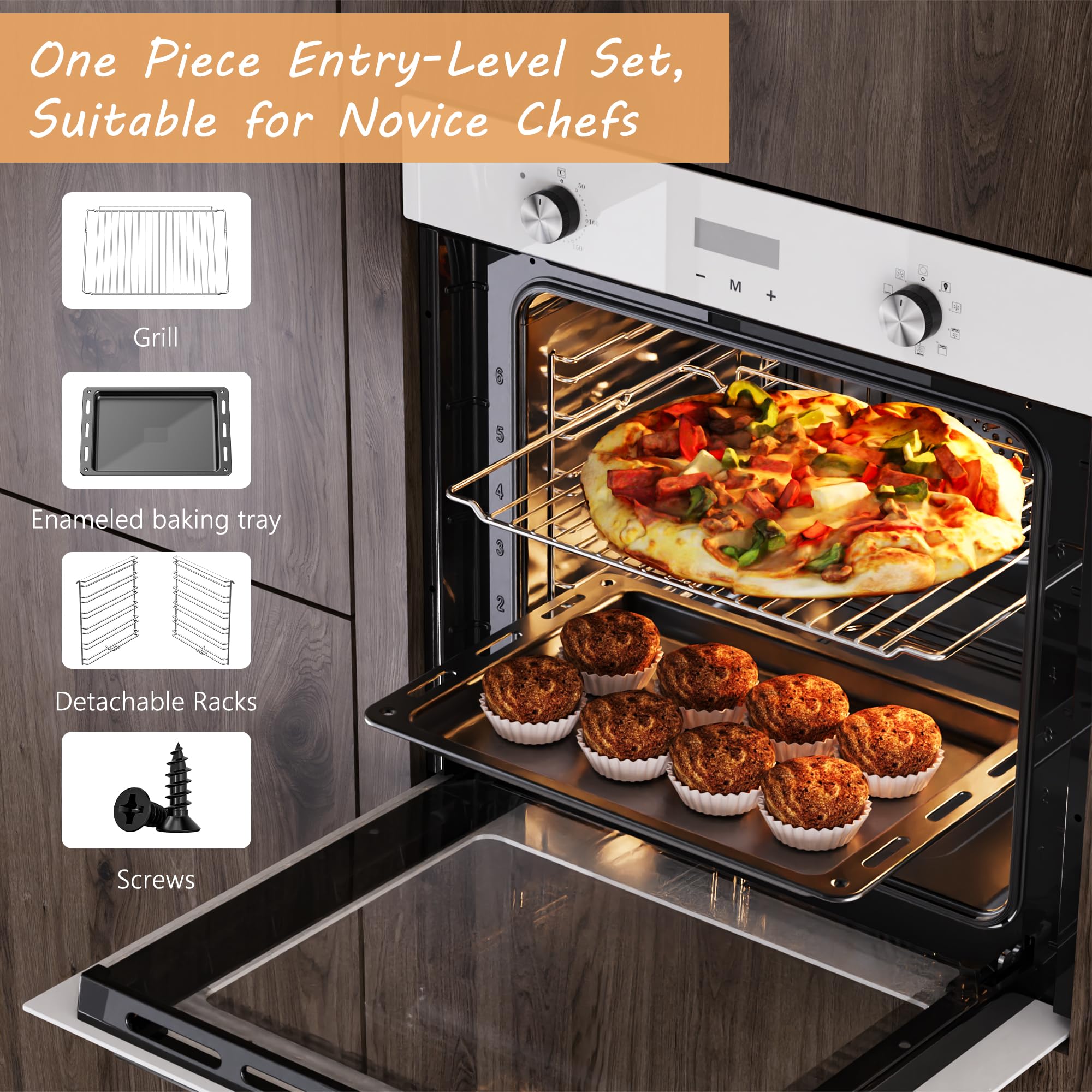 Electric Single Oven Built-in Integrated White, Installed Size 60 cm, 60L 2.2kW with Plug, Timer, 9 Functions, with Grill & Enameled Baking Tray,3D Hot Air Baking, Heat Protection Glazing — view 4