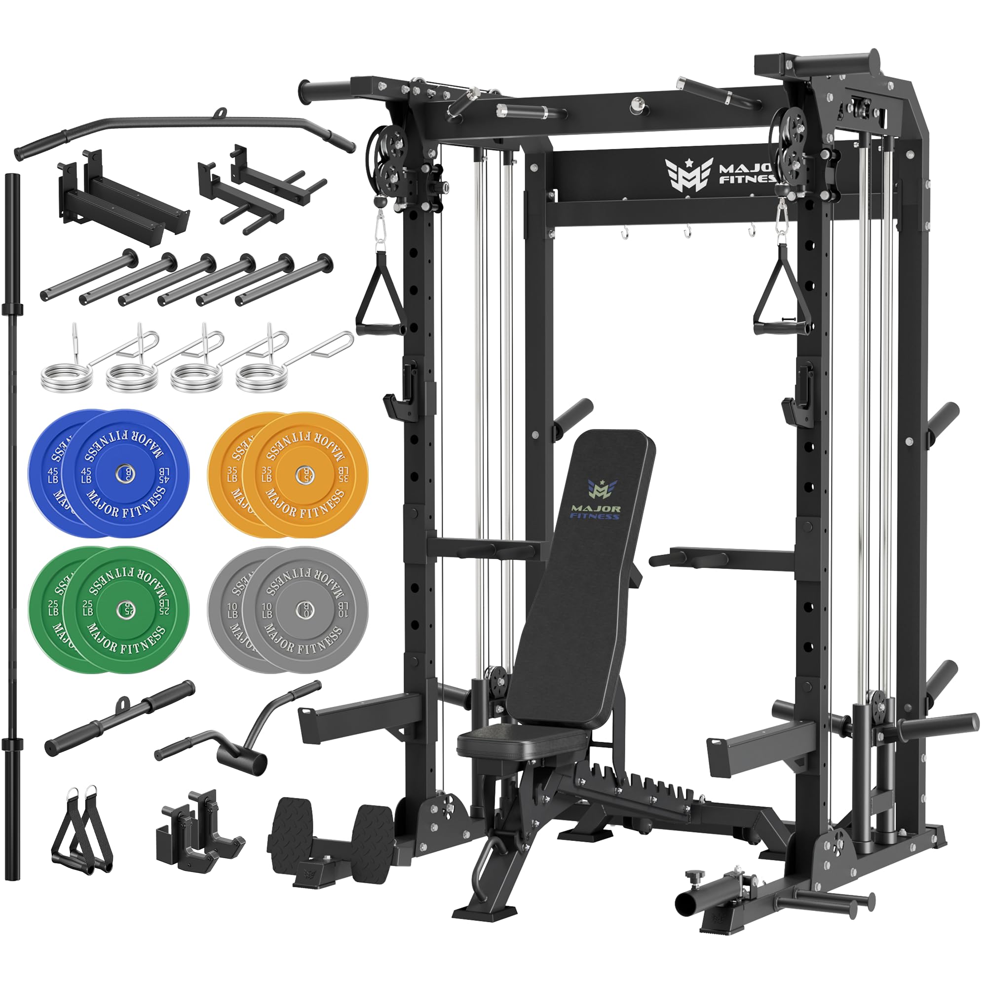 MAJOR FITNESS F22 Power Rack 1600lbs All-in-One Squat Rack with Dual Pulley System Heavy-Duty Steel Frame Attachments Storage