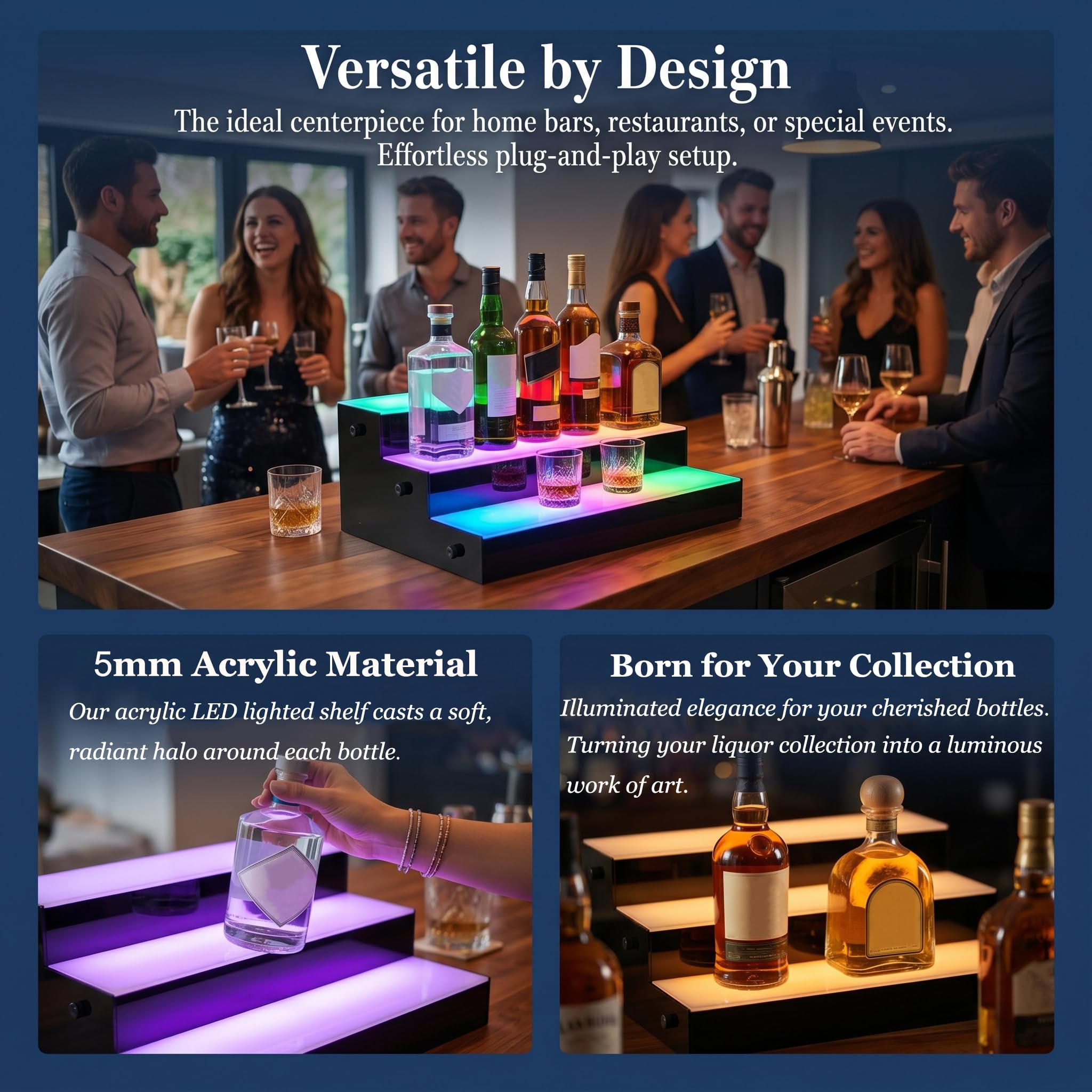 LED illuminato bottiglia di liquore display scaffale, 3 livelli 14,6 pollici, acrilico alcol whisky rack con telecomando RF per la barra di casa, 18 modalità 9 colori statici (3 Livelli)