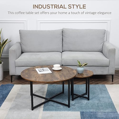 Miniatura 5 de HOMCOM Juego de 2 mesas de centro redondas industriales con marco de metal, mesas de centro circulares para sala de estar, marrón rústico