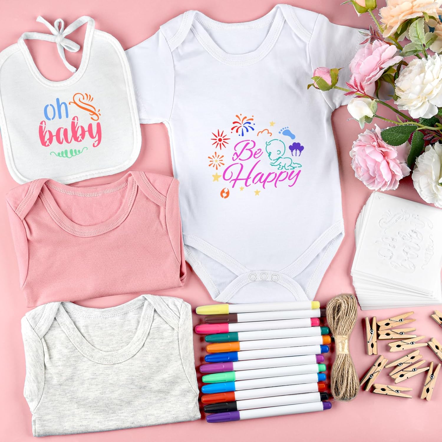 60/110/220 Pcs DIY Baby Bibs Bodysuit Set Baby Shower Game White Baby Bibs White Newborn Bodysuit for Baby Shower