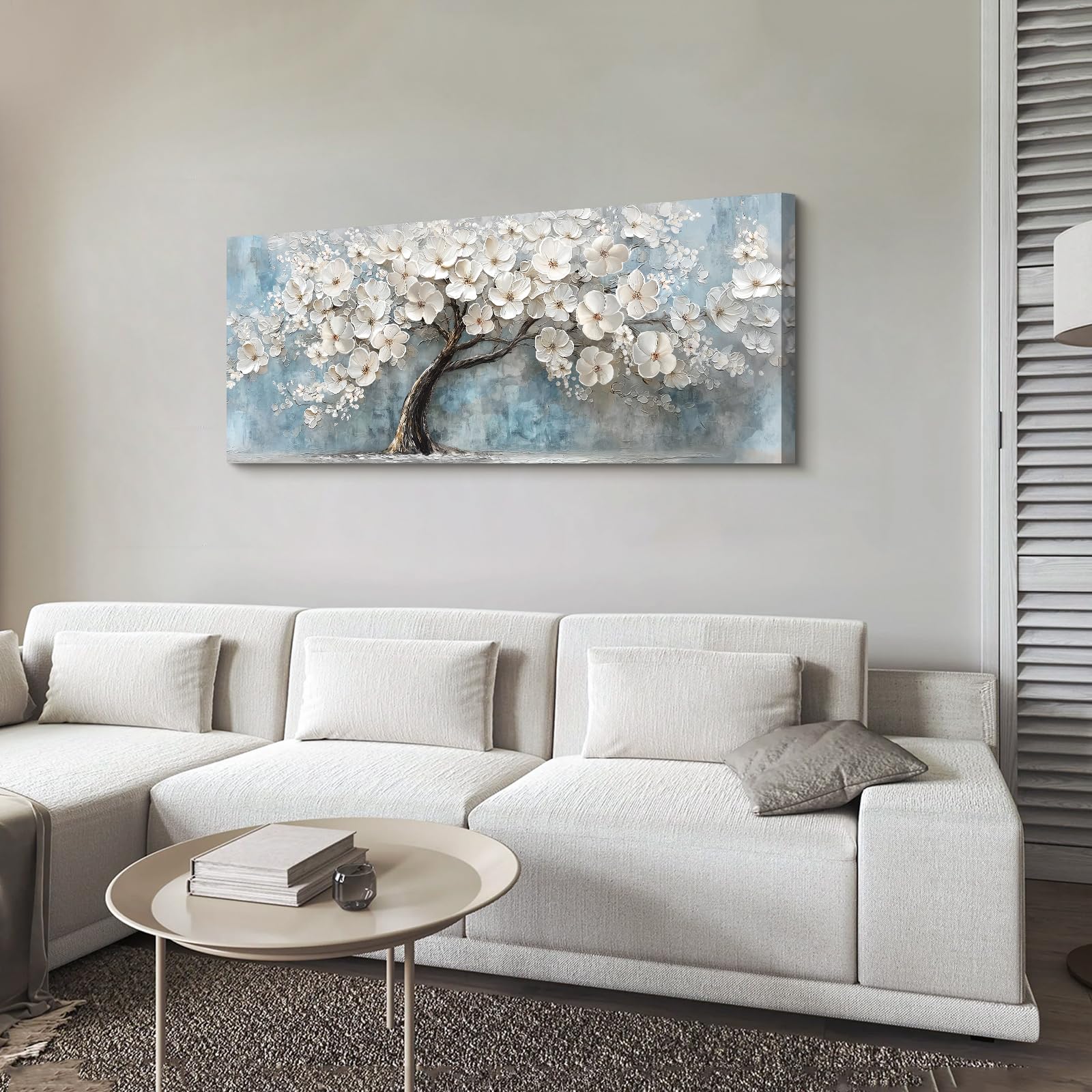 Cadre en Bois Impression sur Toile Peinture Arbre de Vie en Fleurs Blanches Tableau Blooming Floral Image sur Toile Grandes Tableau Decoration Murale Salon Chambre Restaurant Hôtel 50x120cm