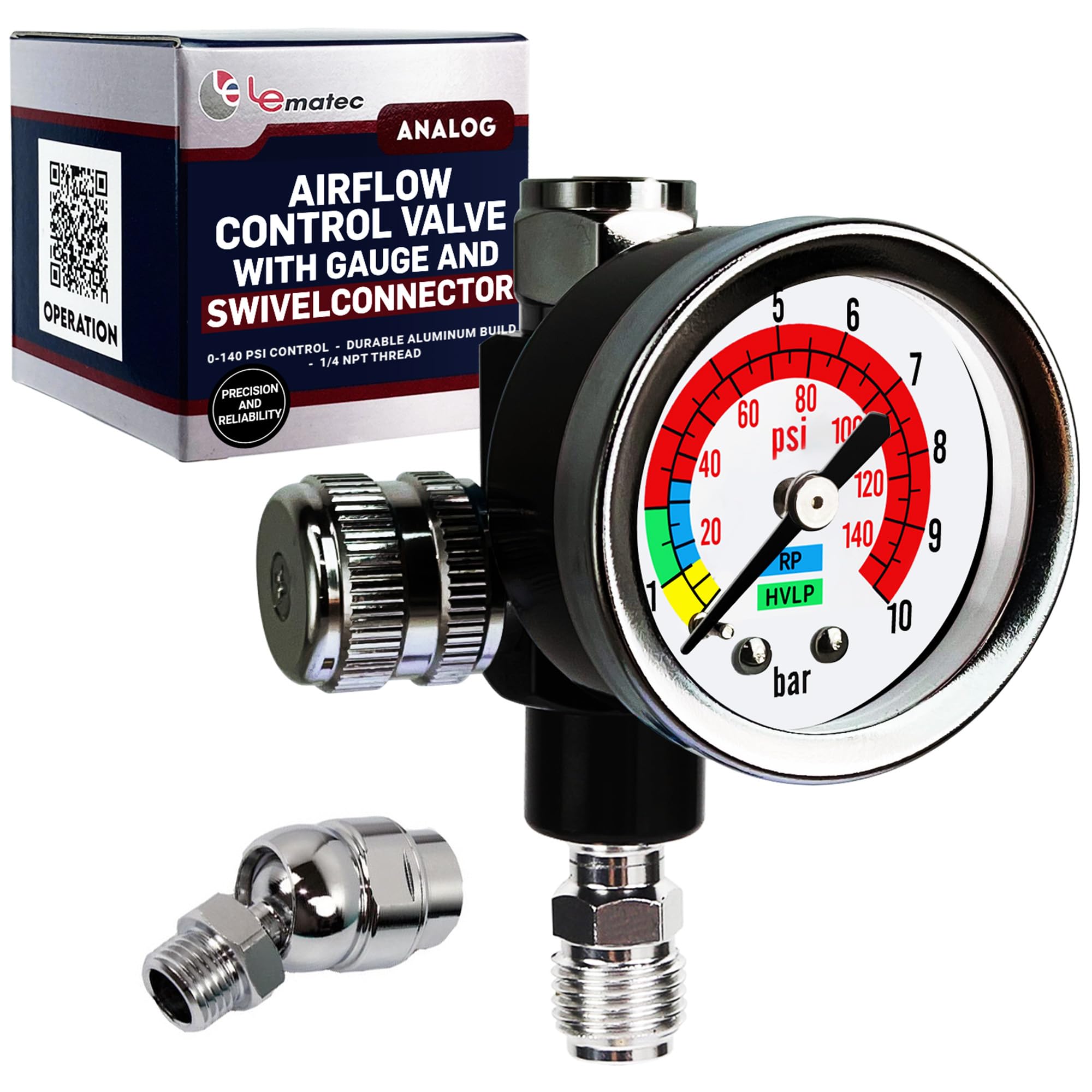 LE LEMATEC Air Pressure Regulator with Gauge - 1/4 NPT Threading Air Compressor Regulator for HVLP Spray Guns & Pneumatic Tools, 0-140 PSI Control, Aluminum Construction (AR-08)