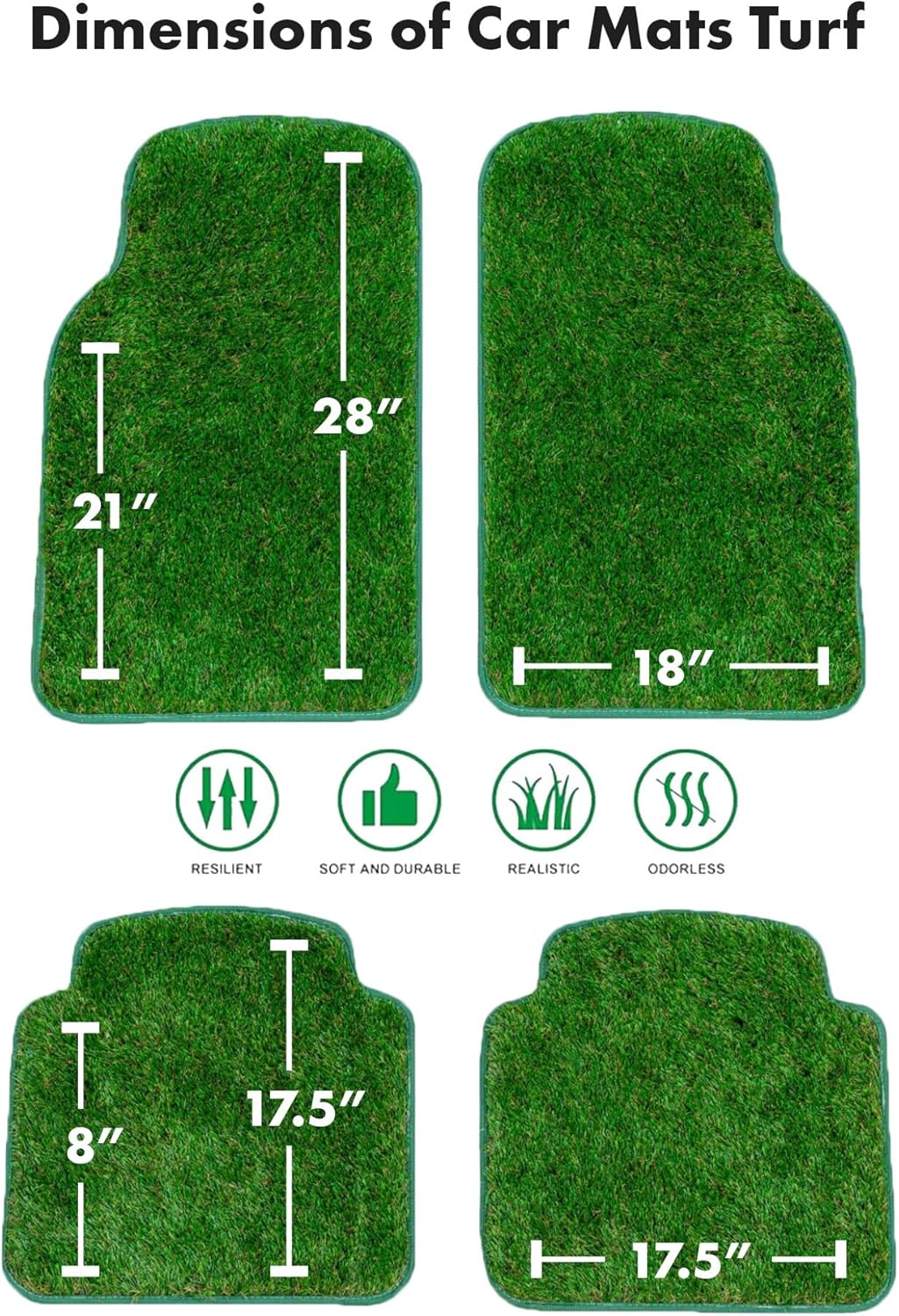 Artificial Grass Car Mats – 4-Piece Green Turf Floor Mat Set with Non-Slip Rubber Backing, Universal Fit for Cars, Trucks & SUVs by Sunset Products