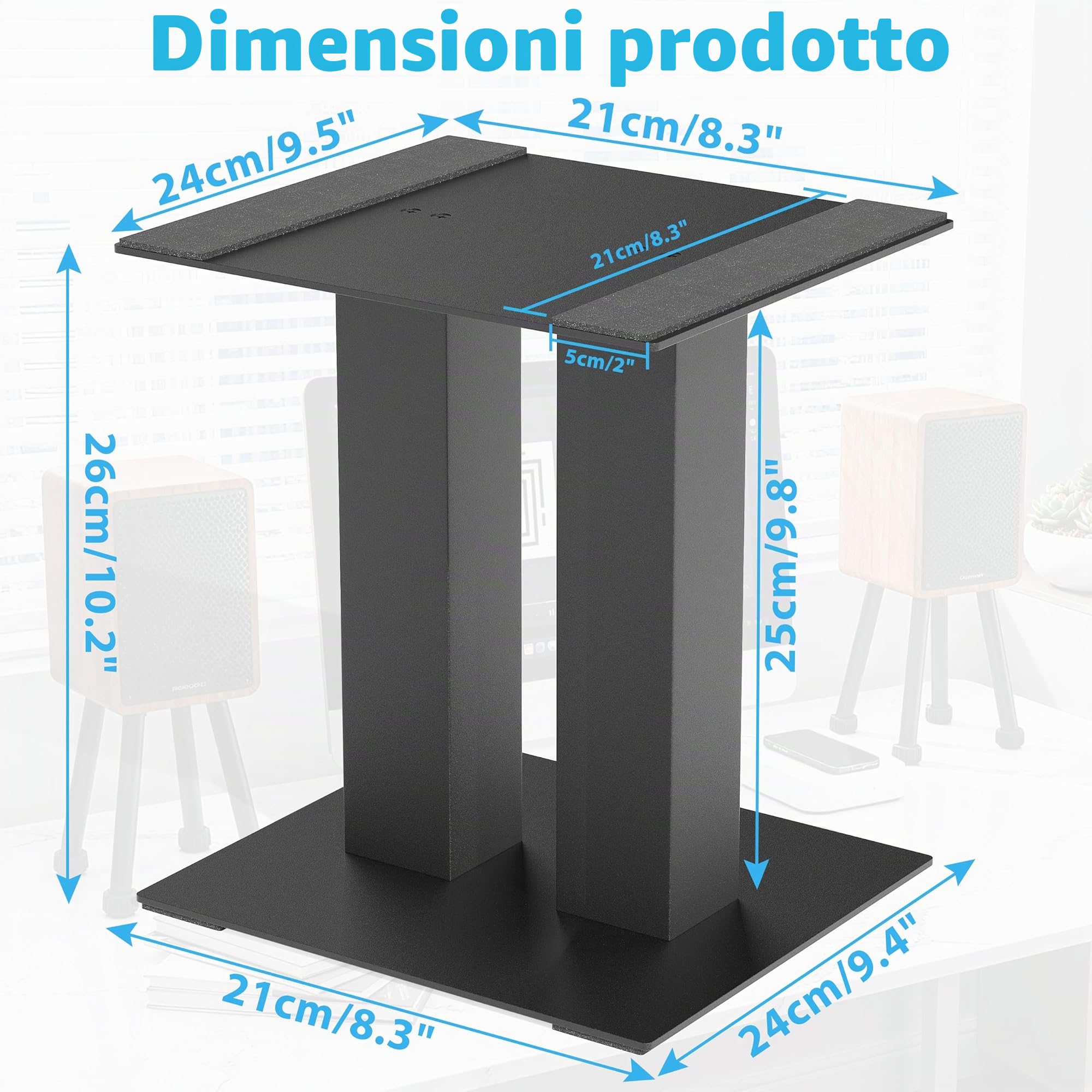 1 paio di supporti per altoparlanti da tavolo con cuscinetti di assorbimento delle vibrazioni fino a 13 kg | Supporti universali per altoparlanti in metallo, supporto da scrivania per computer, libreria (grande)