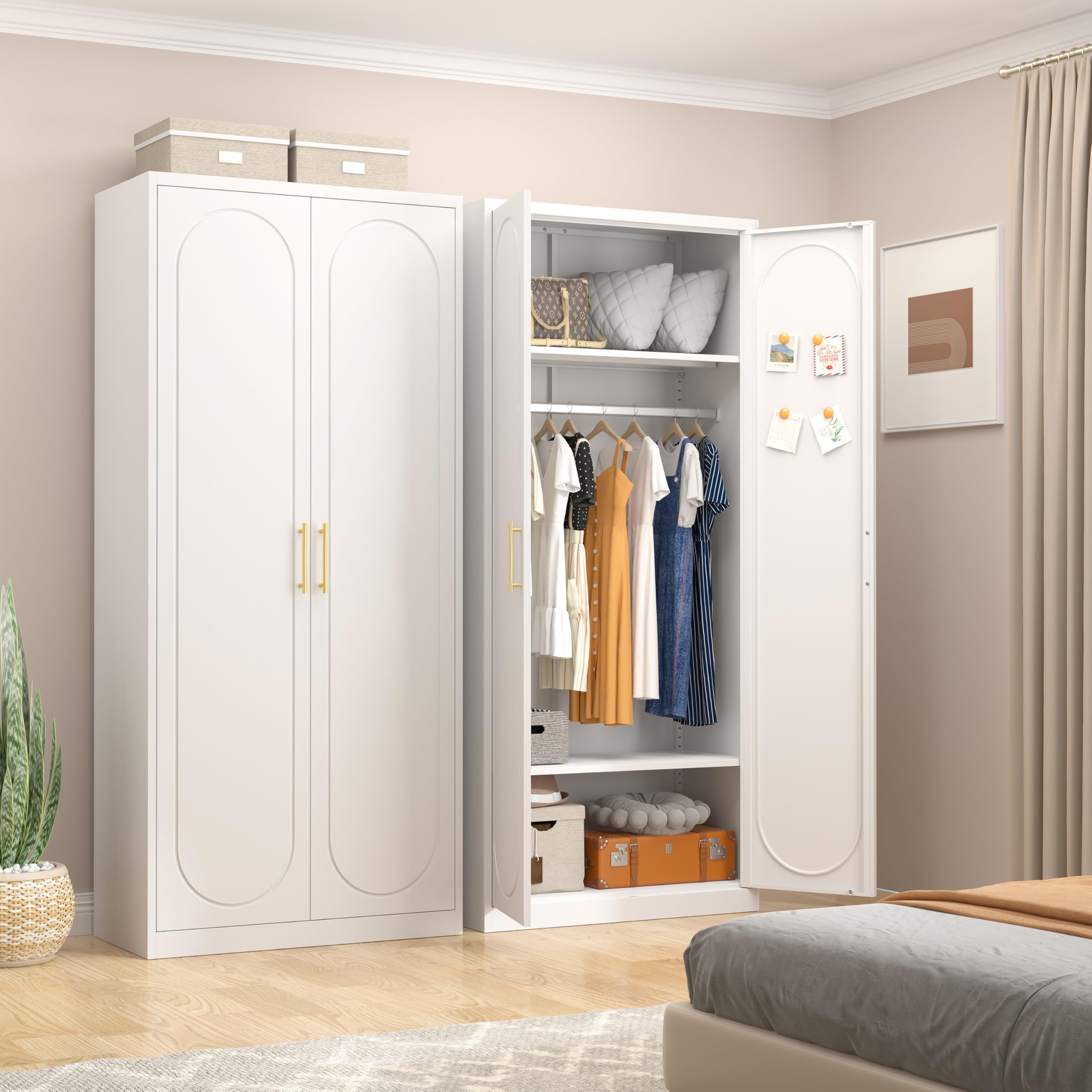 Armoire Wardrobe Closet with Doors, 71'' Wardrobe Cabinet with Hanging Rod, Metal Closet with 2 Adjustable Shelves for Bedroom School, Employee, Gym, Armarios De Ropa para Dormitorio, White