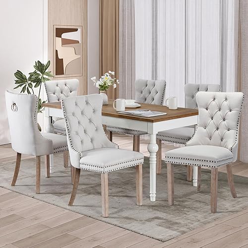 Miniatura 79 de Juego de 6 sillas de comedor de terciopelo, sillas de comedor tapizadas acolchadas con ribete de tachuelas y patas de madera maciza para cocina,