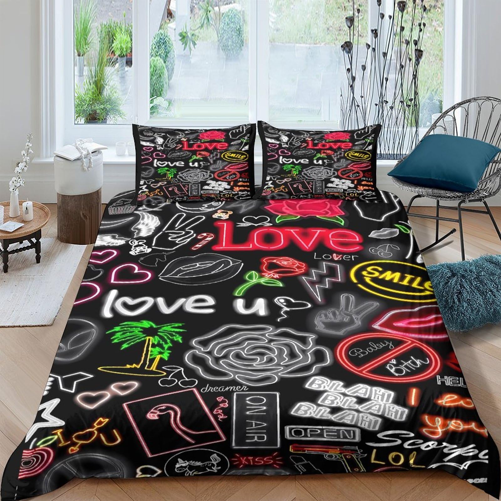 Ctjqhvkz Style-8 3D Printed Graffiti Love Fitted Sheet Microfiber Soft Breathable Urban Doodle Bed Cover For Bedroom Dorm Mattress Protection Decor Single（135X200cm）