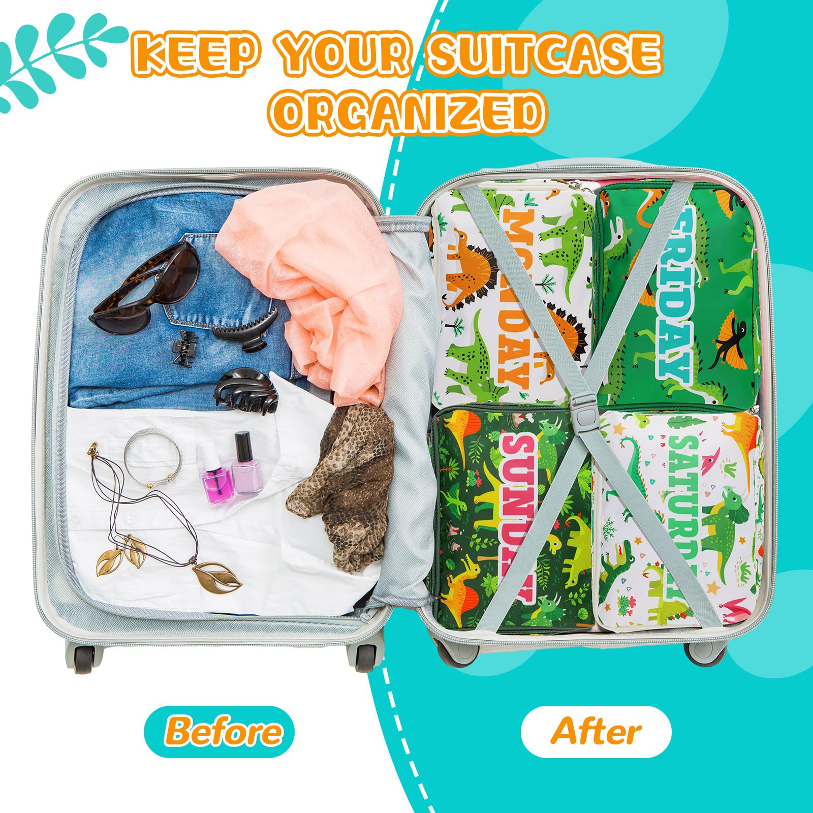 Paterr 7 cubi da imballaggio per bambini, per viaggi, giorni della settimana, cubi colorati per bagagli, valigie per vacanze del bambino (dinosauro)