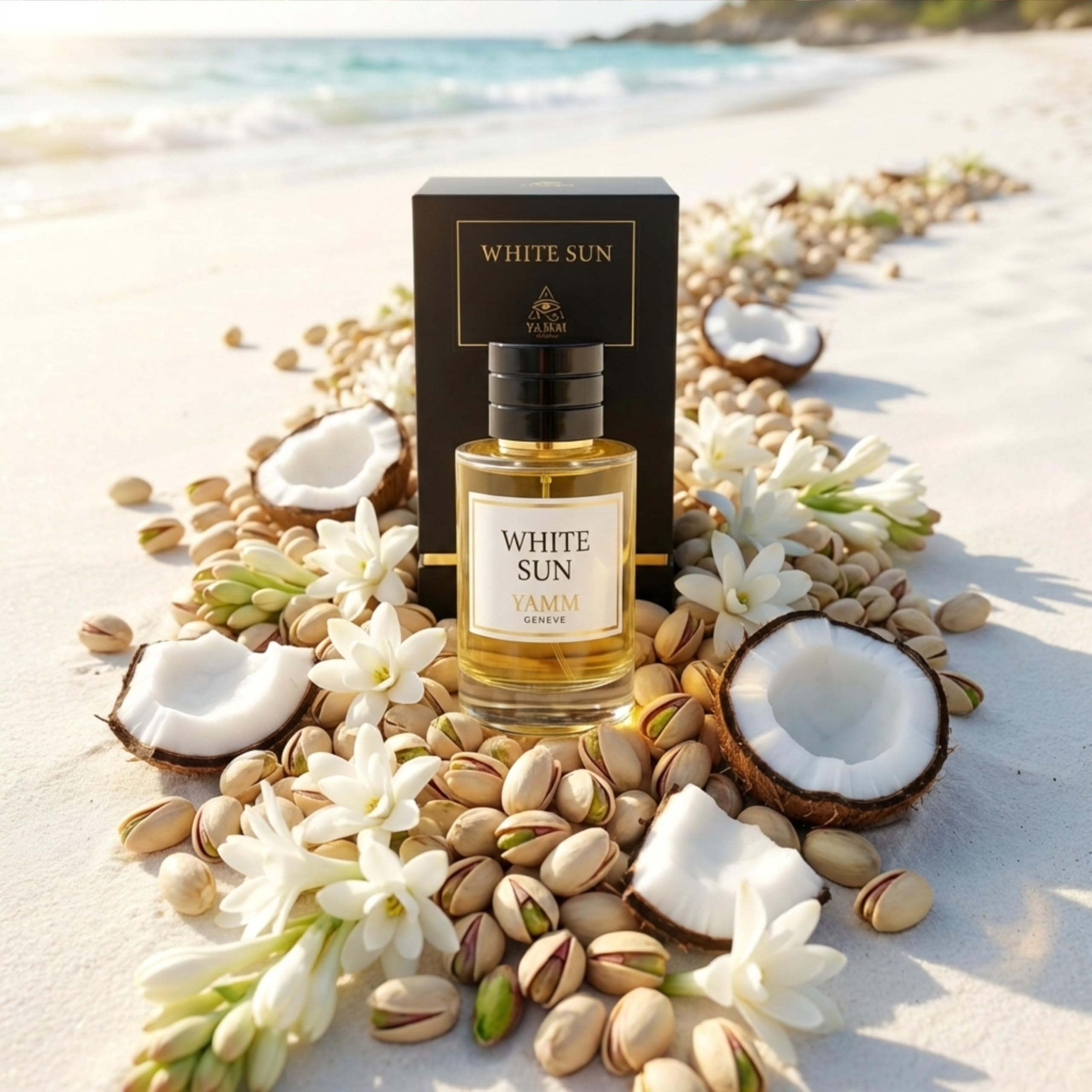 White Sun – Extrait de Parfum Mixte – Pistache & Coco – 50 ml | Accord floral solaire riche et crémeux, à la tenue durable, avec pistache, fleurs blanches, coco et ambre.