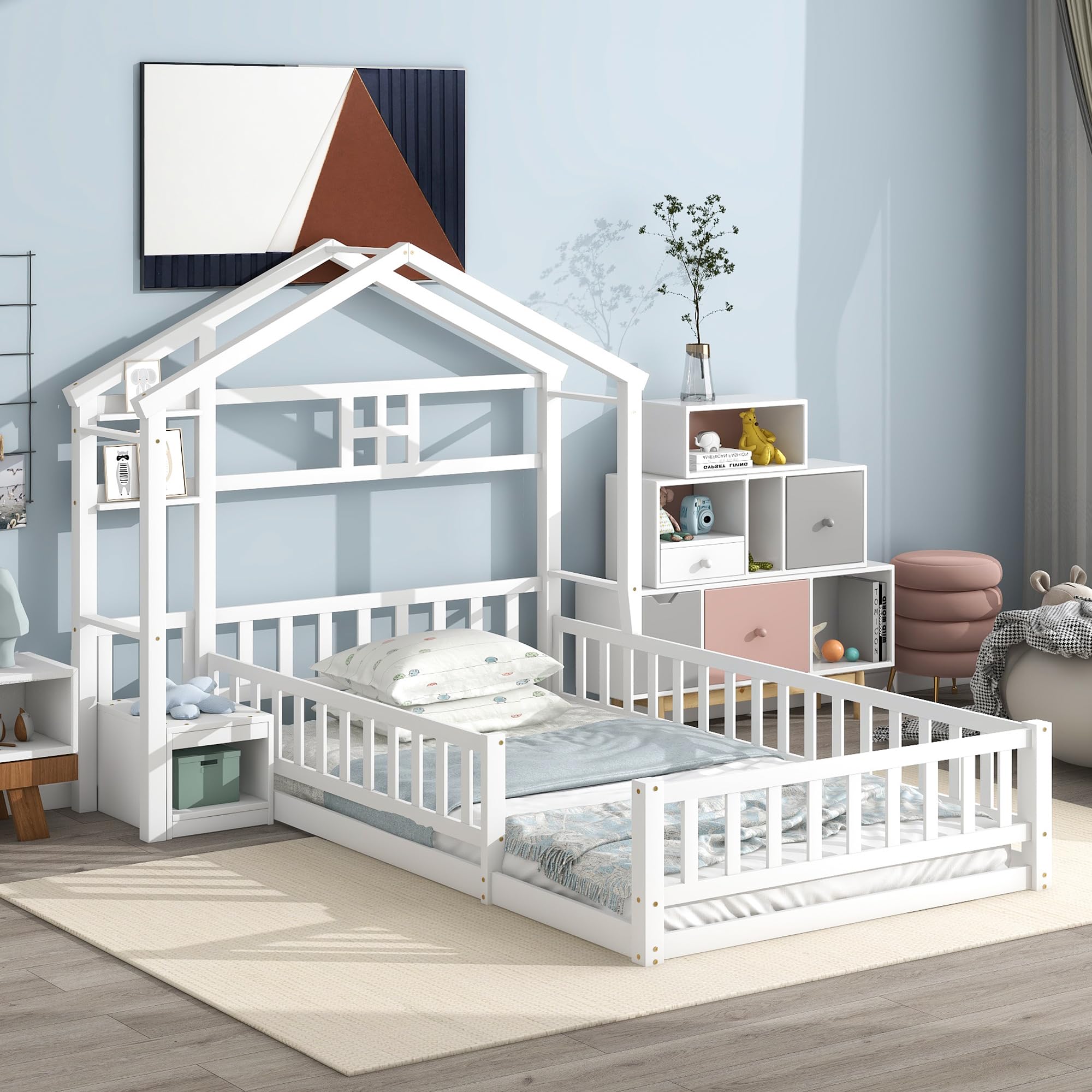 Bellemave Twin Size Floor Bed with Bedside Stand,Kids Montessori Floor Bed with House-Shaped Headboard,Twin House Bed Frame for Kids,Girls,Boys,White