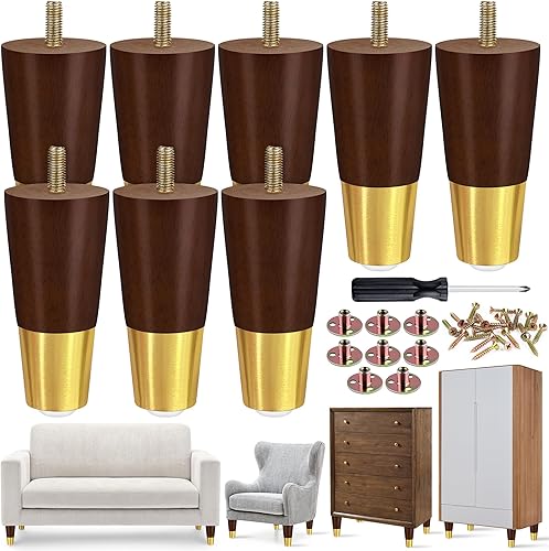 TURSTIN 8 patas de madera para muebles con tapas doradas, patas de sofá de 4 pulgadas, patas de repuesto redondas de madera maciza, patas de sofá