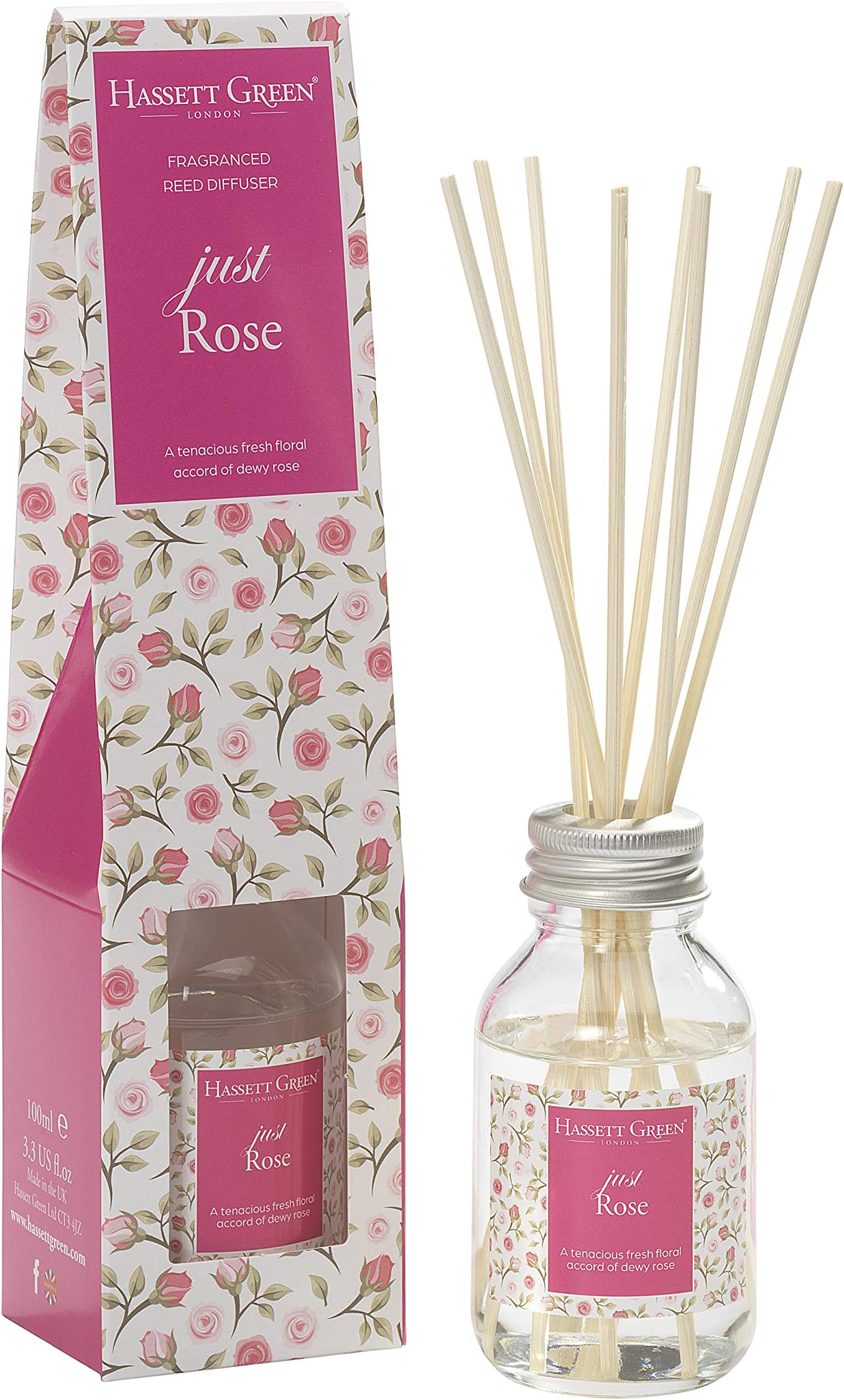 Just Rose Fragrance Oil Reed Diffuser 100ml - Long Lasting Home Indoor Fragrance - with 8 Rattan Reeds