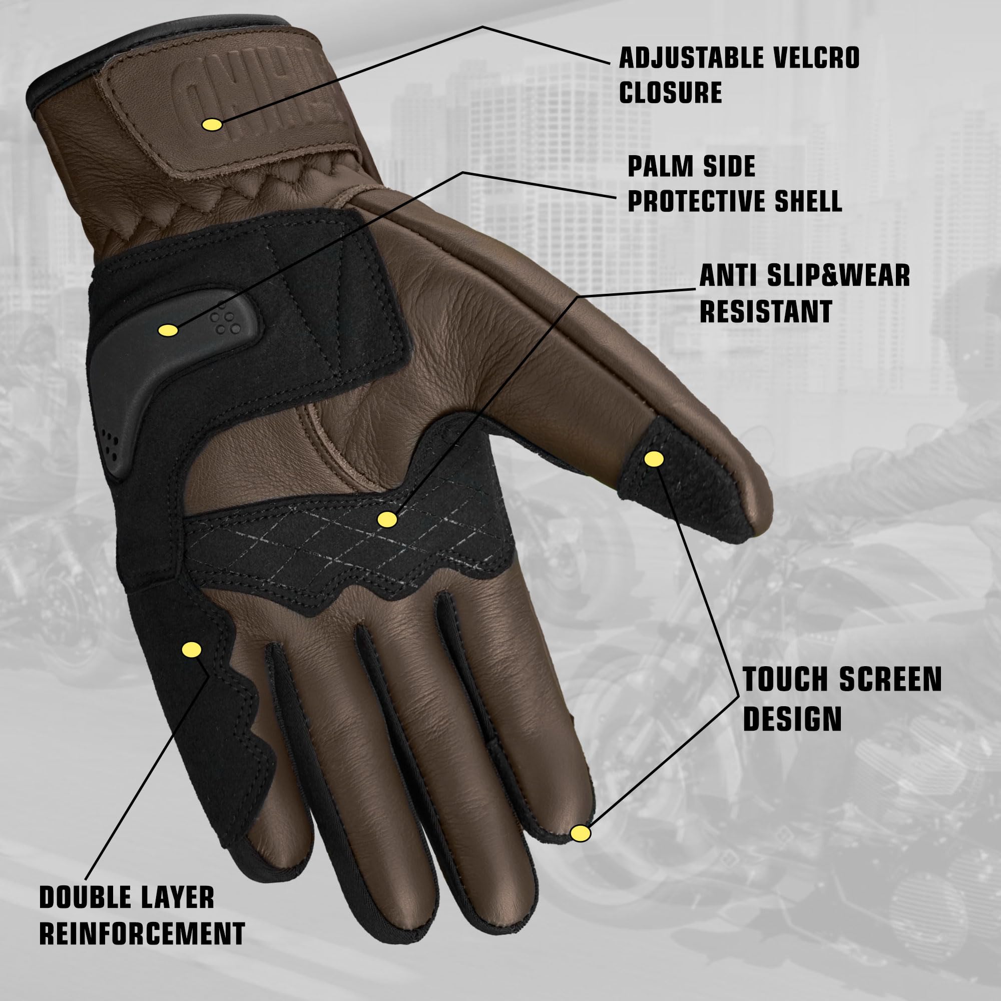 Motorradhandschuhe aus Leder für Herren und Damen, Touchscreen, Vollfinger, Ziegenleder, harte Fingerknöchel für Motorrad