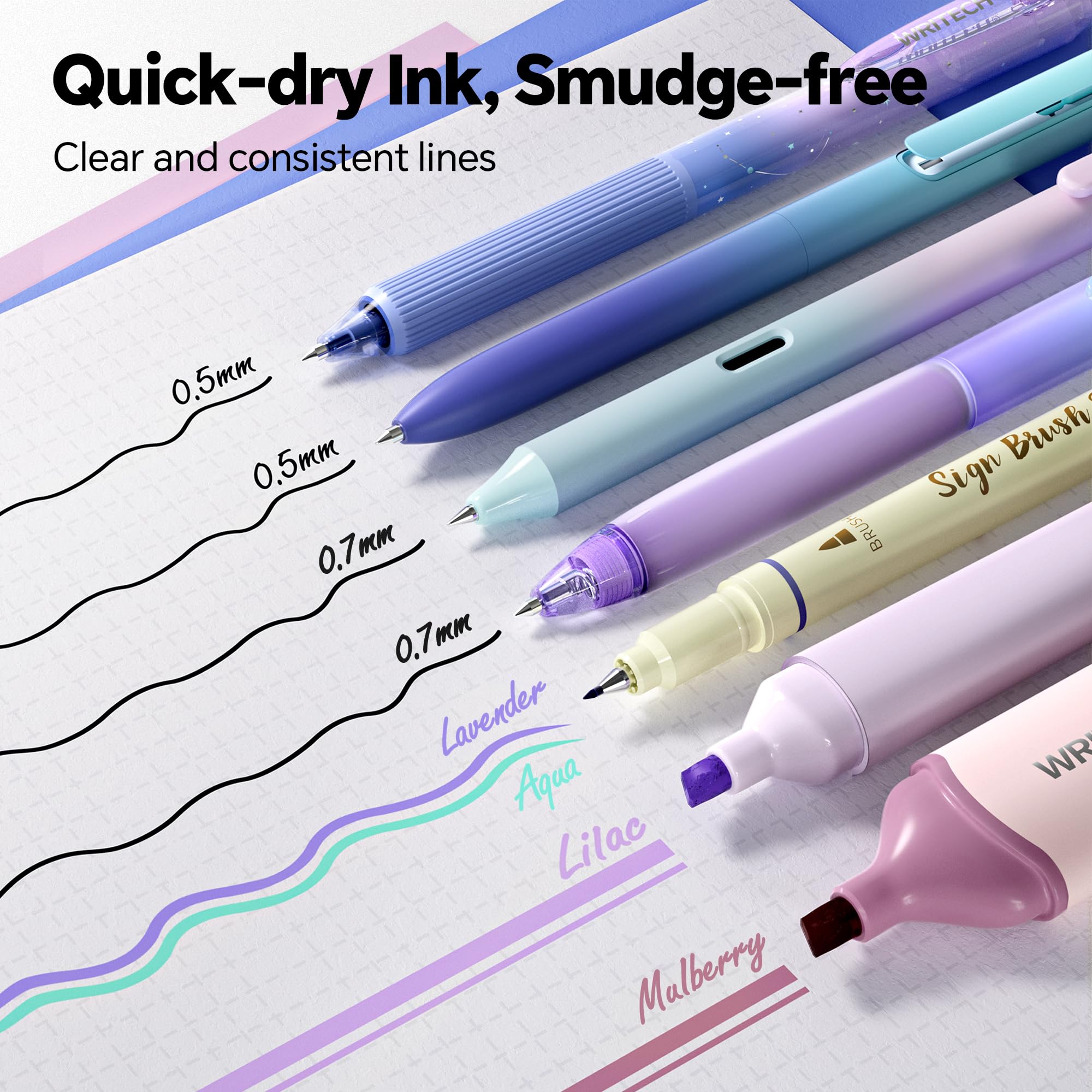 WRITECH Gel Ink Pens Journaling: Aurora Wonderland Pen Set, Gradient Barrels Black Ink Pens Pastel Highlighters Brush Markers, No Bleed Smooth Writing Drawing Gift for Friends 12ct