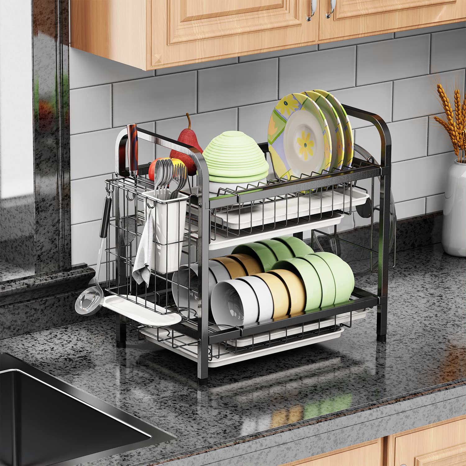 ADOVEL Dish Drying Rack with Drainboard, Adjustable 2 Tier Dish Rack