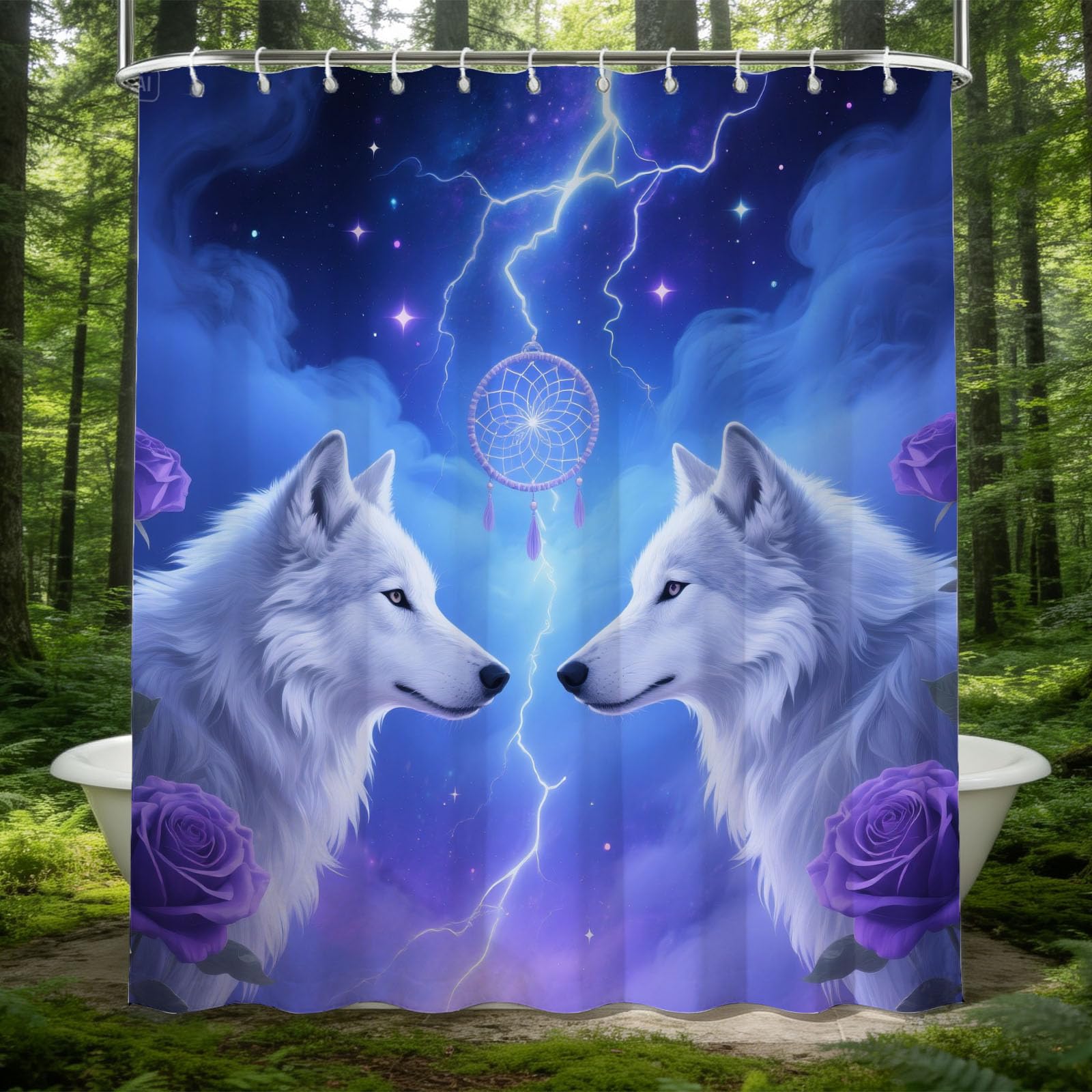 Hongduo 3D Dreamy Wolf Shower Curtain for Stalls Bathtubs Feather Bathroom Decor Shower Curtain Set Polyester Fabric Waterproof 200x200cm/79X79 Inch with Hooks