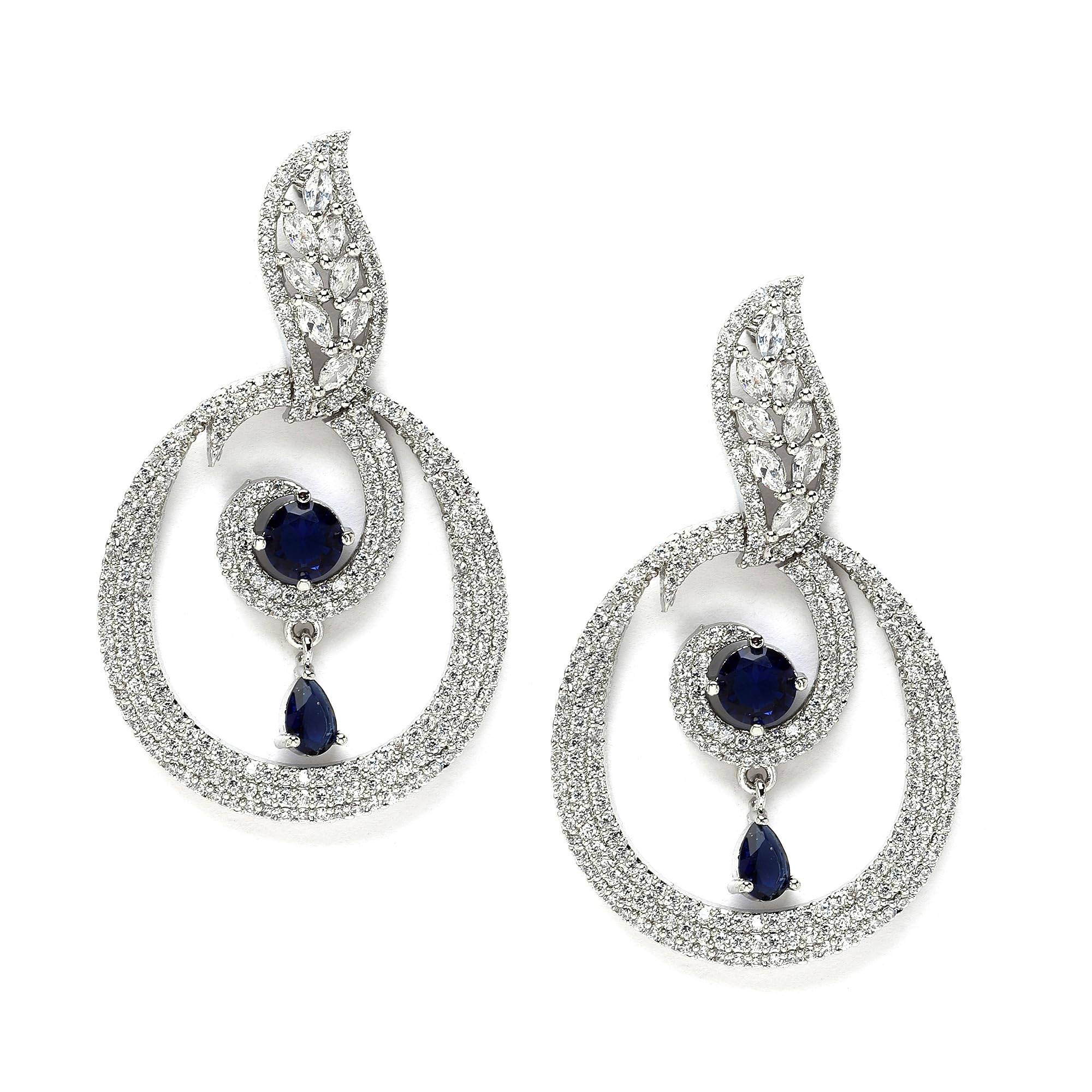 ZENEMERhodium-Plated American Diamond Studded Oval Shaped Handcrafted Drop Earrings For Girls and Women