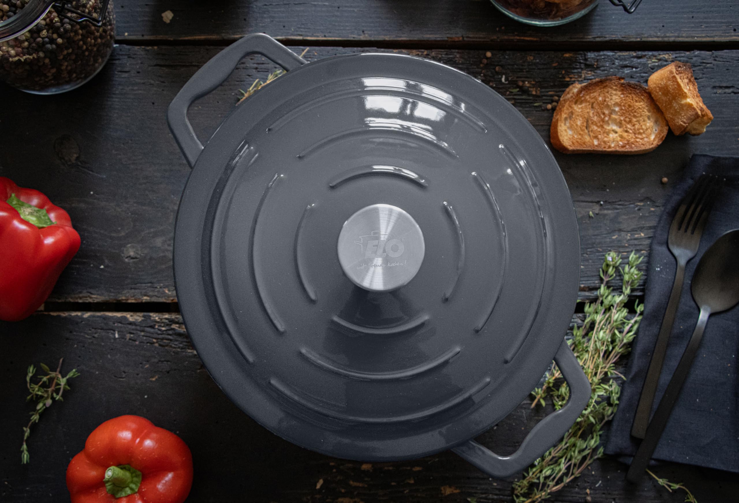 Elo 3382826 casseruola in ghisa smaltata antiaderente bassa con coperchio, grigio classico, adatta al forno, pentola a cottura a induzione, 28 cm, 3 l, 2-4 persone