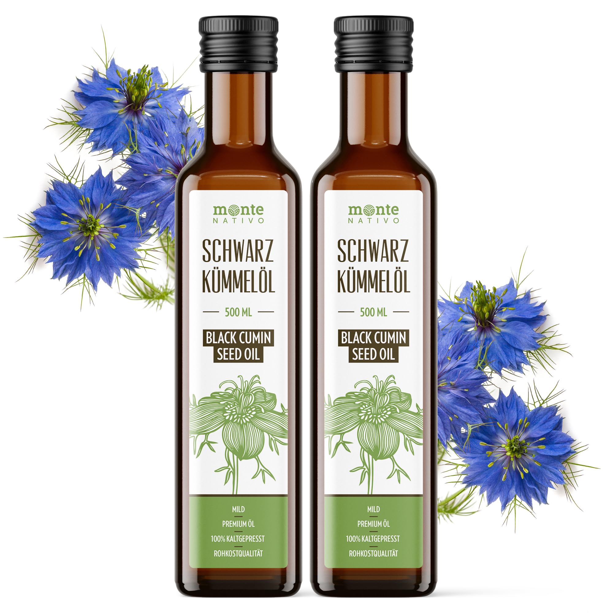 Aceite de Semilla de Comino Negro Monte Nativo (2x500ml) – Aceite de Nigella Sin Filtrar – Prensado en Frío – Sabor Suave – Puro y Natural – Aceite de Semilla Negra
