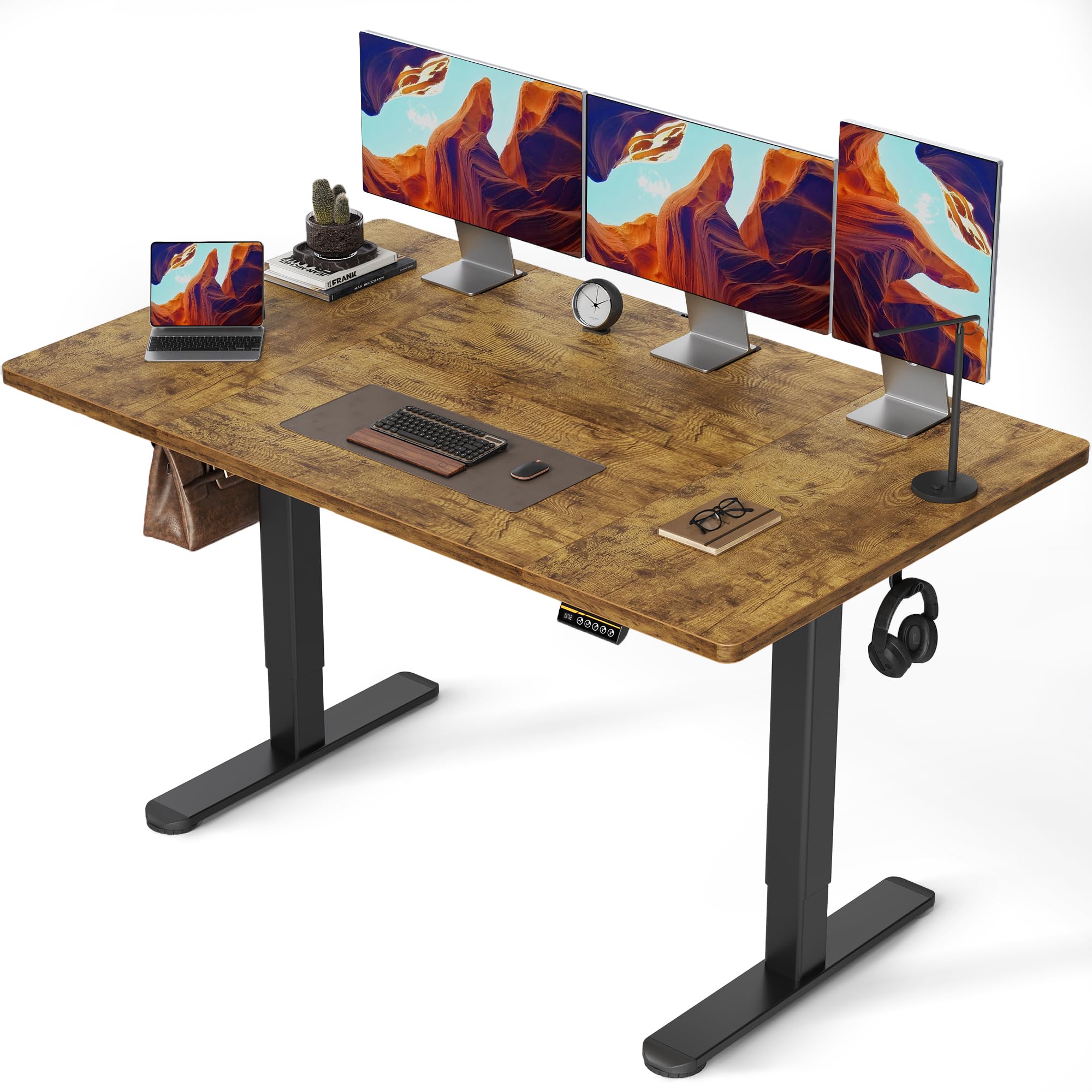 Claiks FSC® - Escritorio eléctrico regulable en altura de 160 x 80 cm, con gestión de cables y función de memoria, motor silencioso para oficina en casa, diseño ergonómico, vintage, color marrón