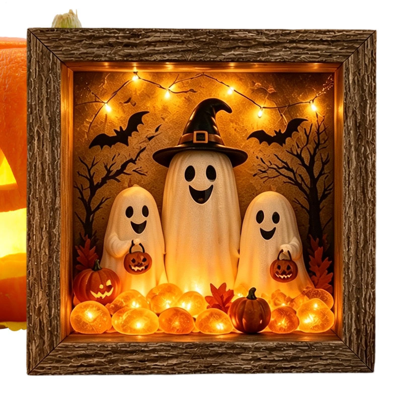 Scatola dei ricordi fai da te per Halloween, fatta a mano, decorazione rustica per Halloween | Cornice fantasma illuminata con pietra di vetro marino per interni: caminetto, scrivania, esposizione per feste