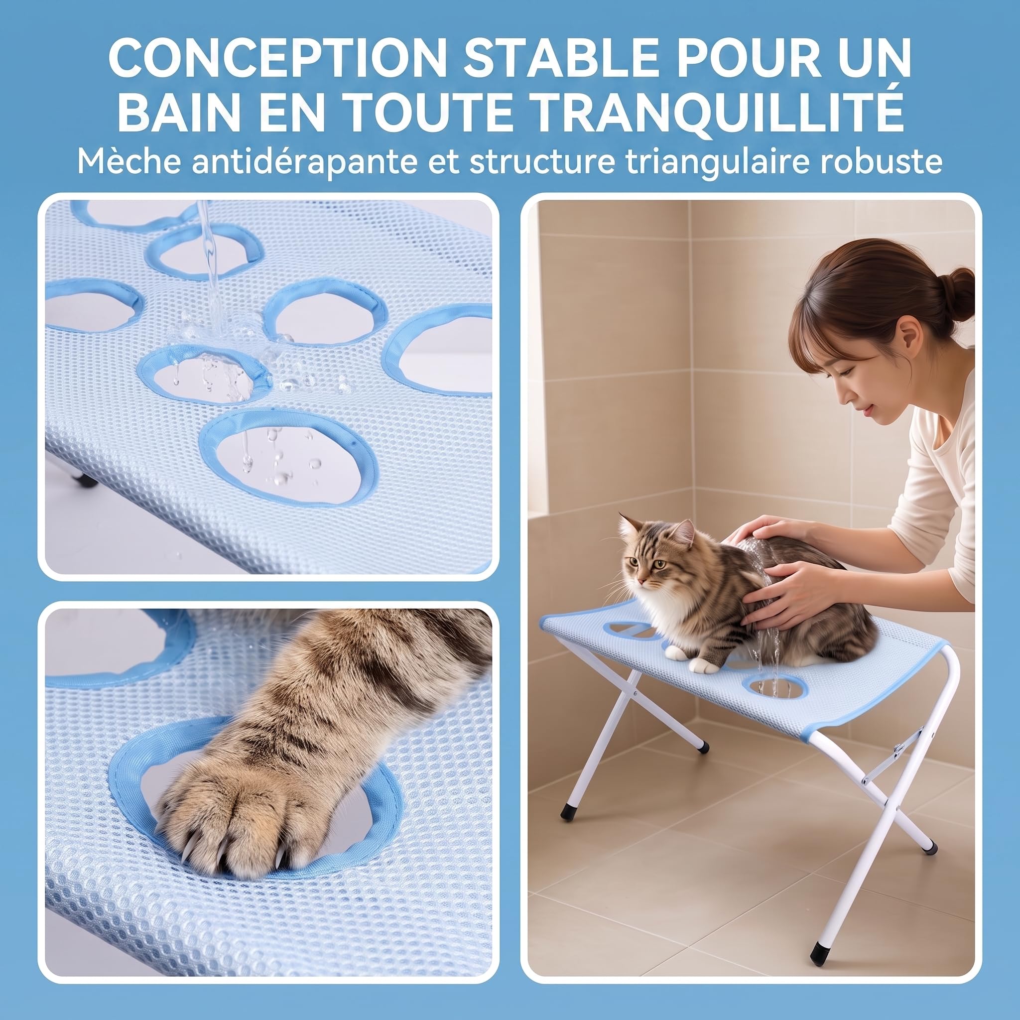 Table de Toilettage pour Chiens et Chats, Table de Soin Pliante pour Petits Animaux avec Tissu Mesh Respirant, 8 Ouvertures pour Les Pattes, Structure en Acier, Jusqu'à 10 kg(Bleu)