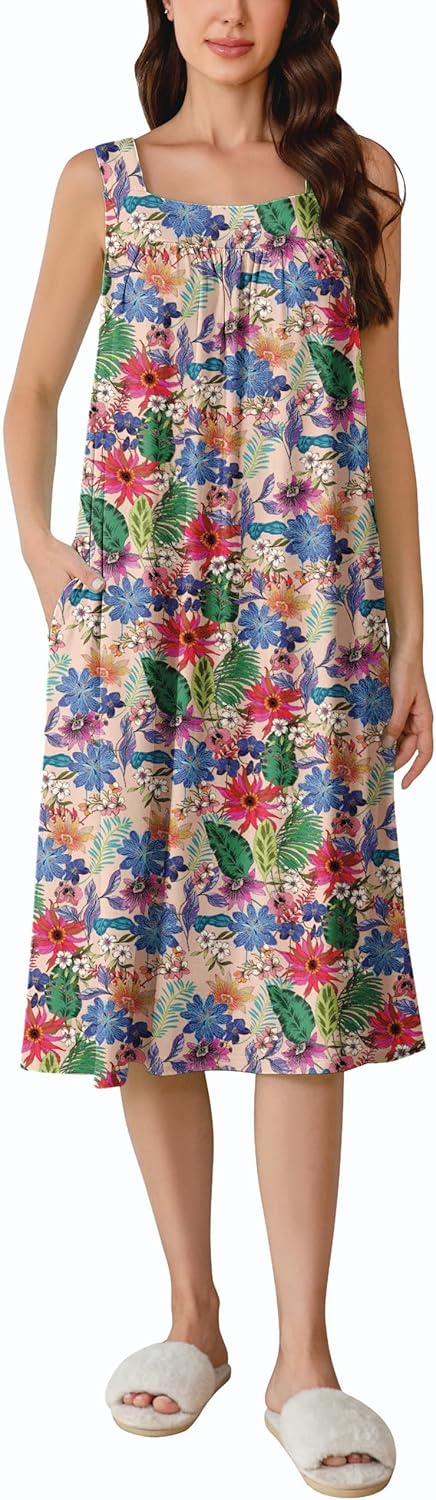 Long Sleeveless Nightgowns for Women Victorian Nightdress Embroidery Ladies Gowns with Pockets