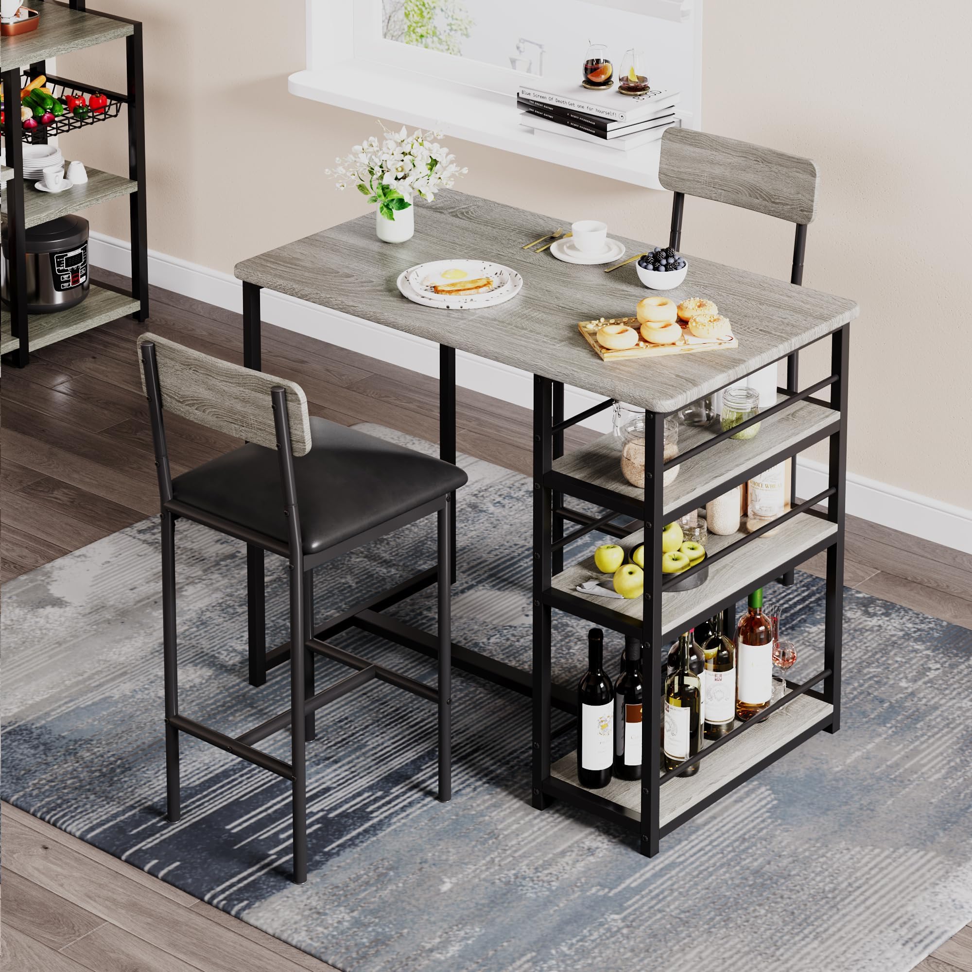 PortoAlegre 2-Personen Bar-Set Schwarz Retro - 3-teiliges Hochtisch-Set mit gepolsterten Klapphockern & 3 Staufächern - Platzsparend für kleine Räume, Apartments oder Küchen (Grau)