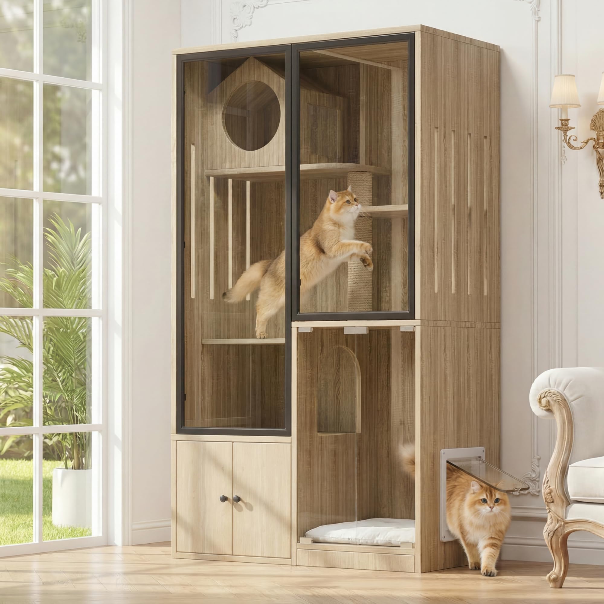 Jaula grande para gatos de 90 x 50 x 160 cm, 4 pisos con frontal de cristal, casa para gatos resistente al invierno y casa para animales pequeños, incluye postes rascadores, para interior y exterior