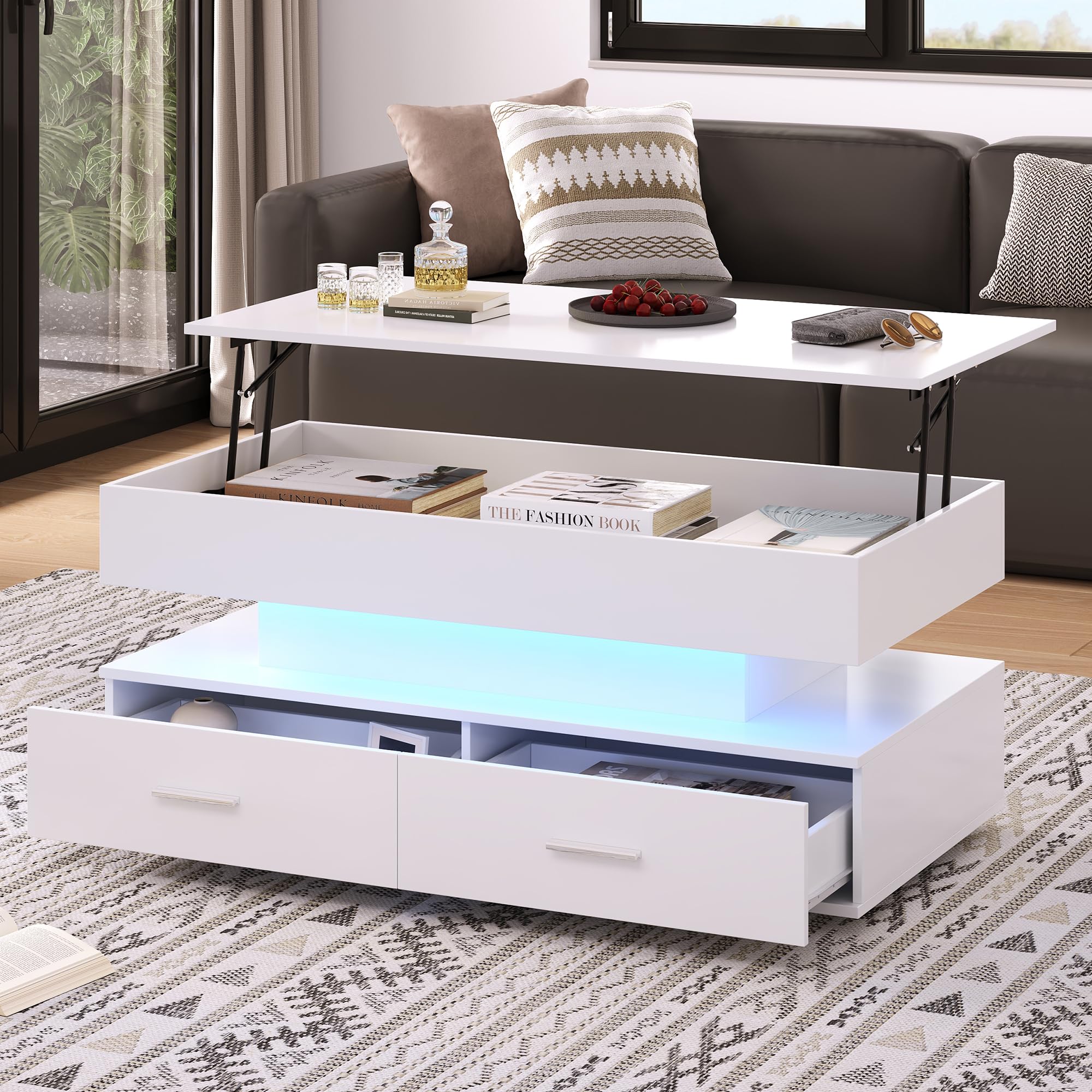 Stolik kawowy LED z regulacją wysokości, 100 x 50 cm, aplikacja Bluetooth i sterowanie muzyką, nowoczesny stolik kawowy z 2 szufladami i hydraulicznym miejscem do przechowywania, biały