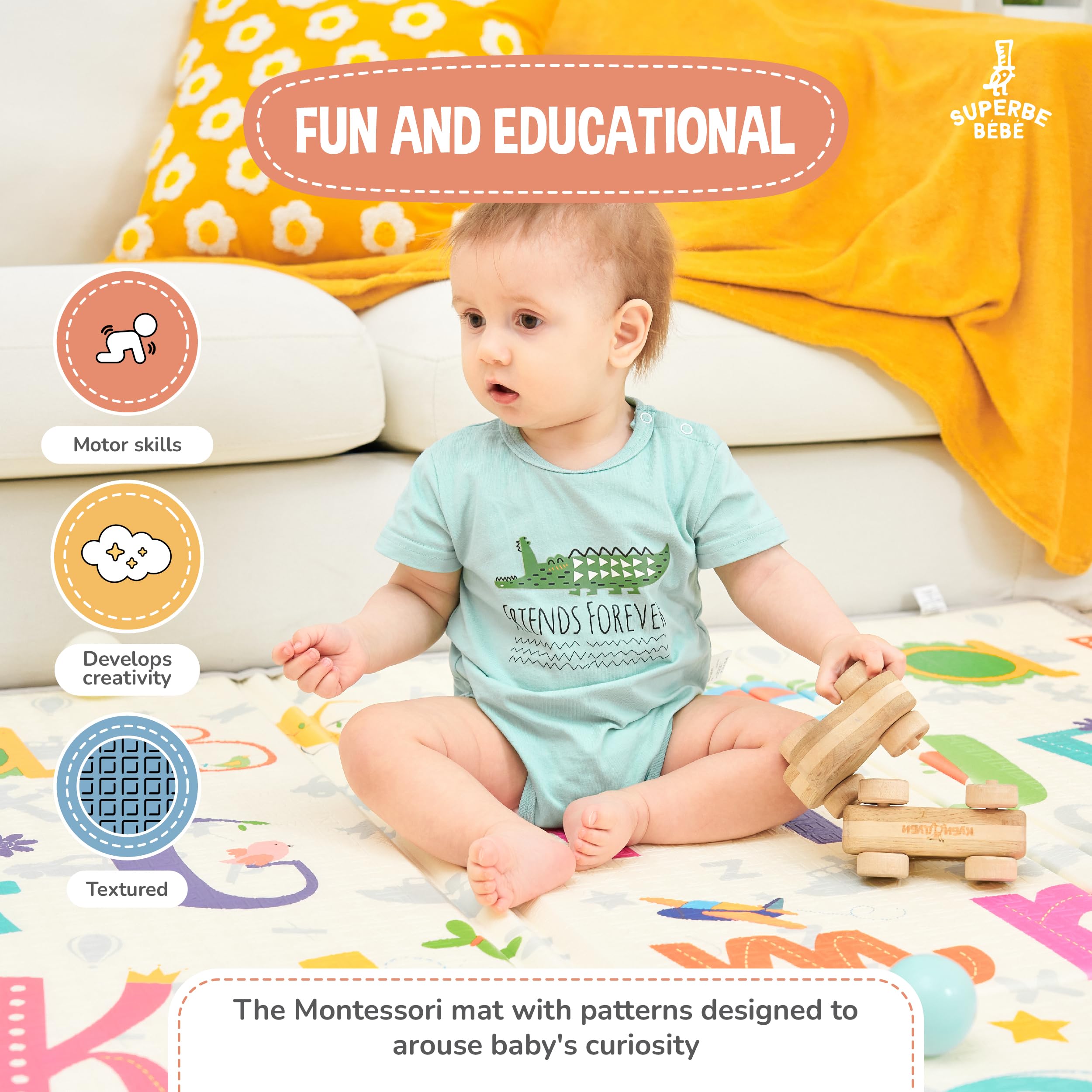 Reversible and Non-Toxic Thick Foldable Waterproof Foam Baby Play Mat 180x160x1cm. Floor Mat for Kids Toddlers Children. for Boy or Girl Child's Room. Extra Large Size SUPERBE BEBE ® — view 6