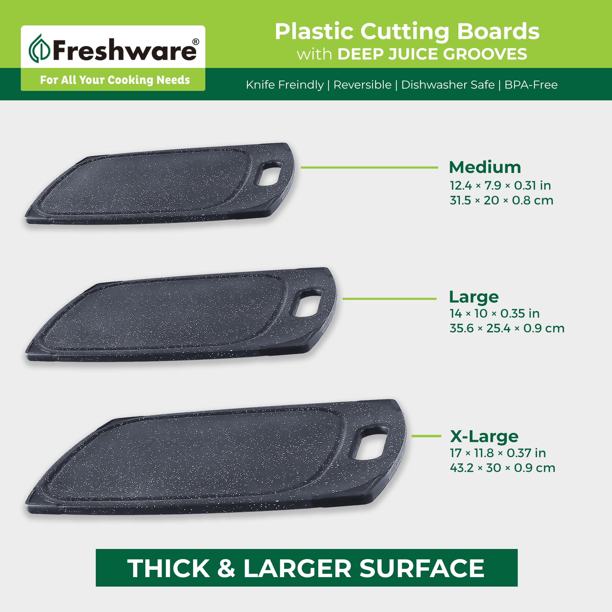 Juego de 3 tablas de cortar de plástico para cocina, ranuras para jugos con mango de fácil agarre, sin BPA, no porosas, aptas para lavavajillas, mármol negro