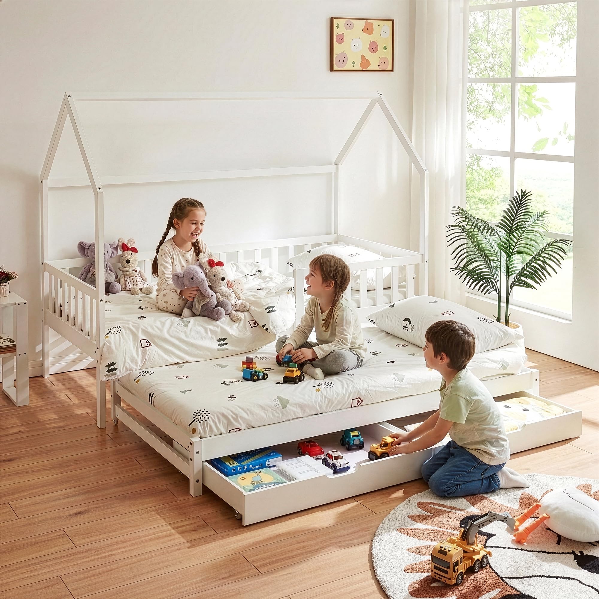 [en.casa] Letto per Cameretta a Forma di Casetta con Letto Estraibile Struttura in Legno di Pino a 2 Piazze con Barriera Anticaduta e 2 Cassetti 90x200 cm - Bianco